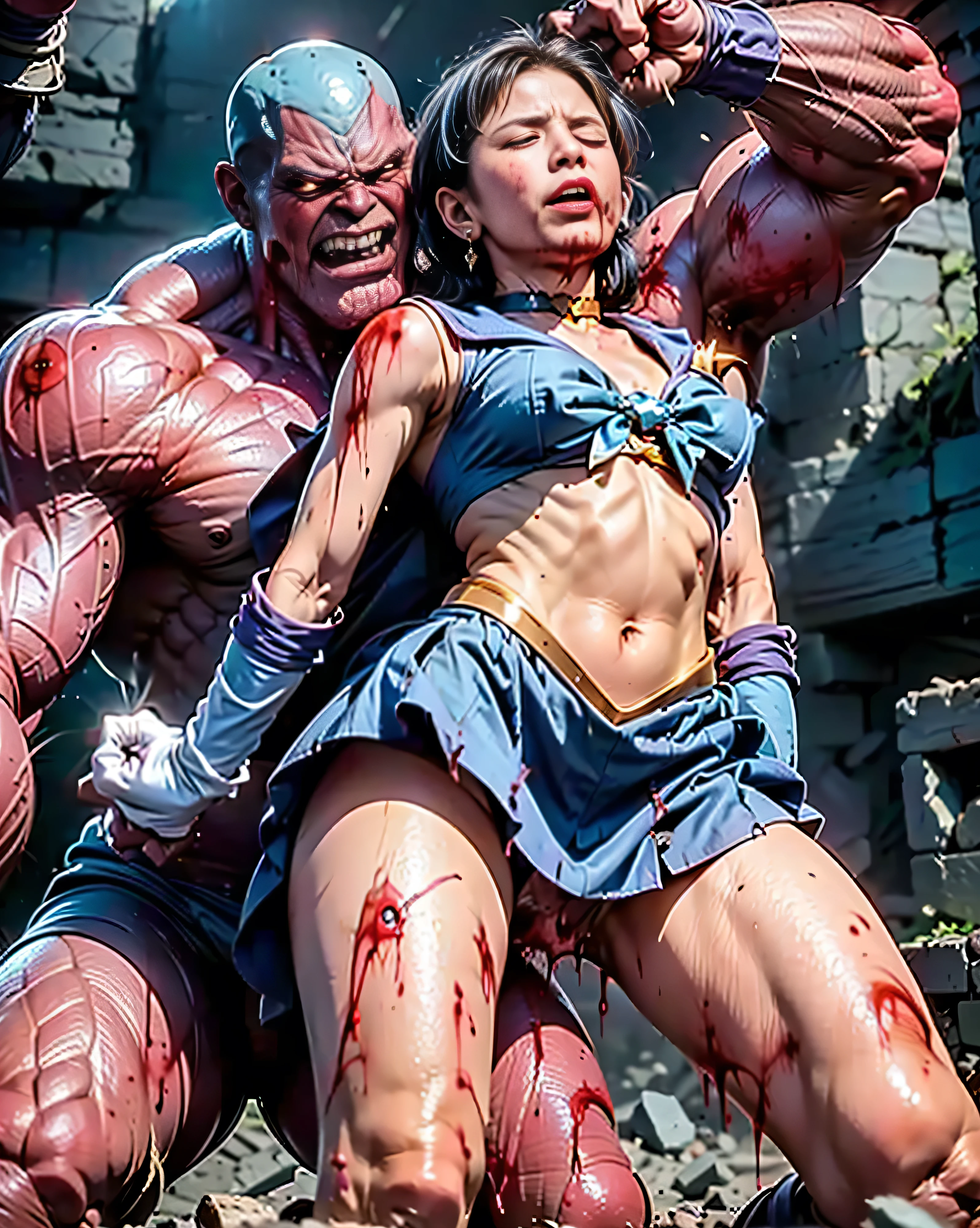 (The 8k quality, Ultra-high-resolution quality, Ultra high definition, Photorealistic, Best Quality):1.5, (masterpiece):1.4,
(camera angle from the front view):7.0,
(in the ruined building):5.5,
(depiction of brutal violence battle, bloody brutal violence, hetero):1.5, (brutal battle of beautifully shaped 1 sailor mercury and 1 huge THANOS wearing armor):10.0, (v1ct0ry, hold by head, head grab, legs off ground, legs dangling, arms dangling, full body view, CarnageStyle, (blood_red:1.5)):15.0, (brutal violence, 1 muscular THANOS wearing armor is grabbing sailor mercury's head with his hand violently from her behind, grab head):15.0, (1 bloody sailor mercury grabbed head from behind, medium breasts):10.0, (sailor mercury, mer1, tiara, sailor senshi uniform, blue sailor collar, bow, knee boots, choker, white gloves, blue choker, elbow gloves, jewelry, earrings, blue skirt, small breasts), (extremely screaming face with pain, bloody face, closed eyes, medium build, medium height, broken armor):3.5,