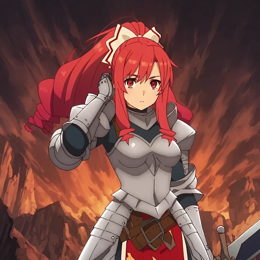 masterpiece, absurdres , (intricate details), (colorful), erza scarlet, (aroused facial expression), (closed mouth), blush, sweat, armor, breastplate, gauntlets, shoulder armor, black skirt, (steel helmet), large breasts, (simple dark background)