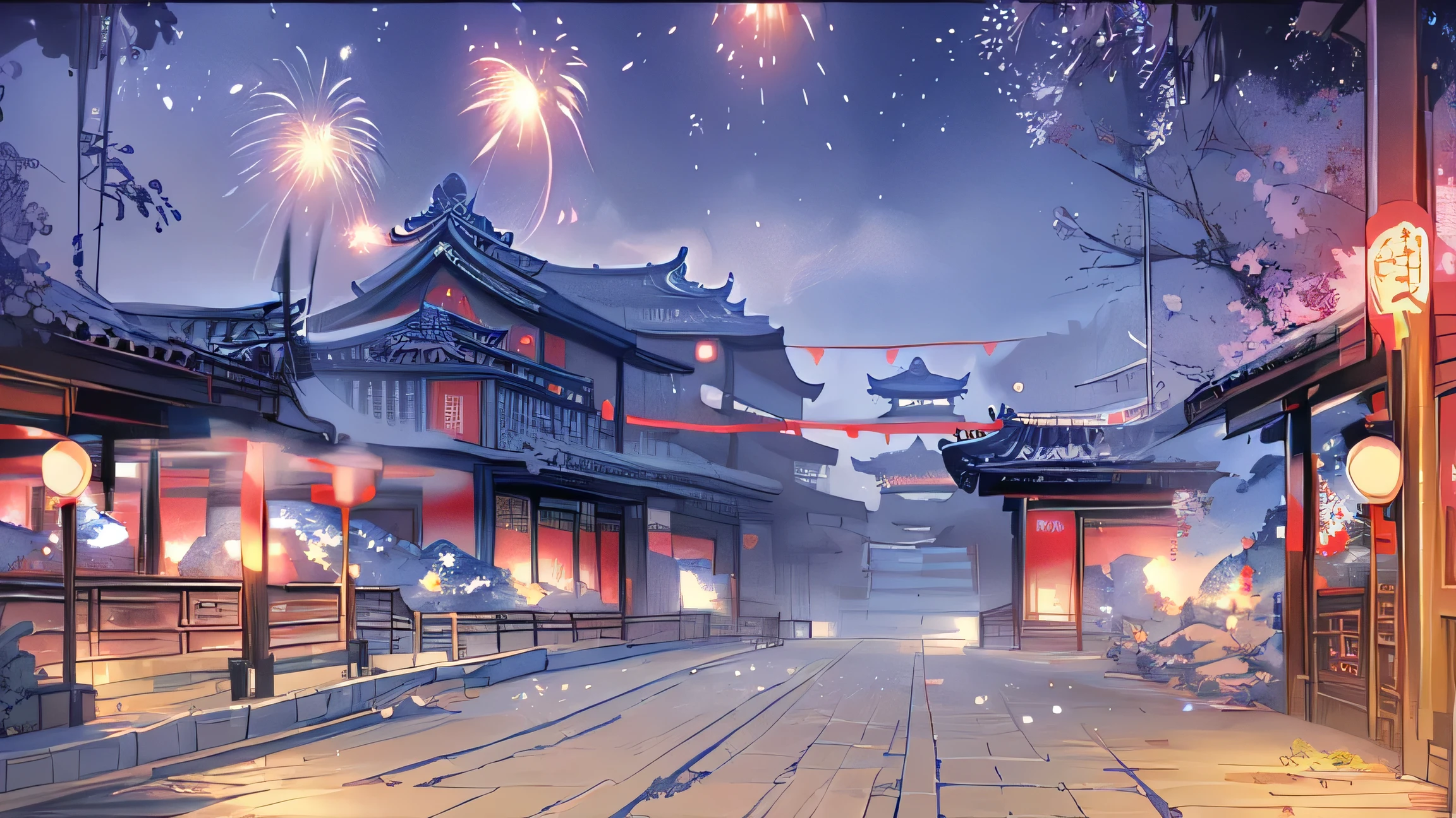 ( Chinese Style), Ancient China , Dream Chinatown , Chinese style love ancient street,Chinese Architecture,Tile house ,Night festival street ,Lively street,lantern,Festival Atmosphere ,Happy Street,illustration, night, fireworks,festival,Game CG,, (illustration: 1.0), epic composition , True Light , High Resolution Details , masterpiece, best quality, ( Very Detailed CG8K Wallpaper )