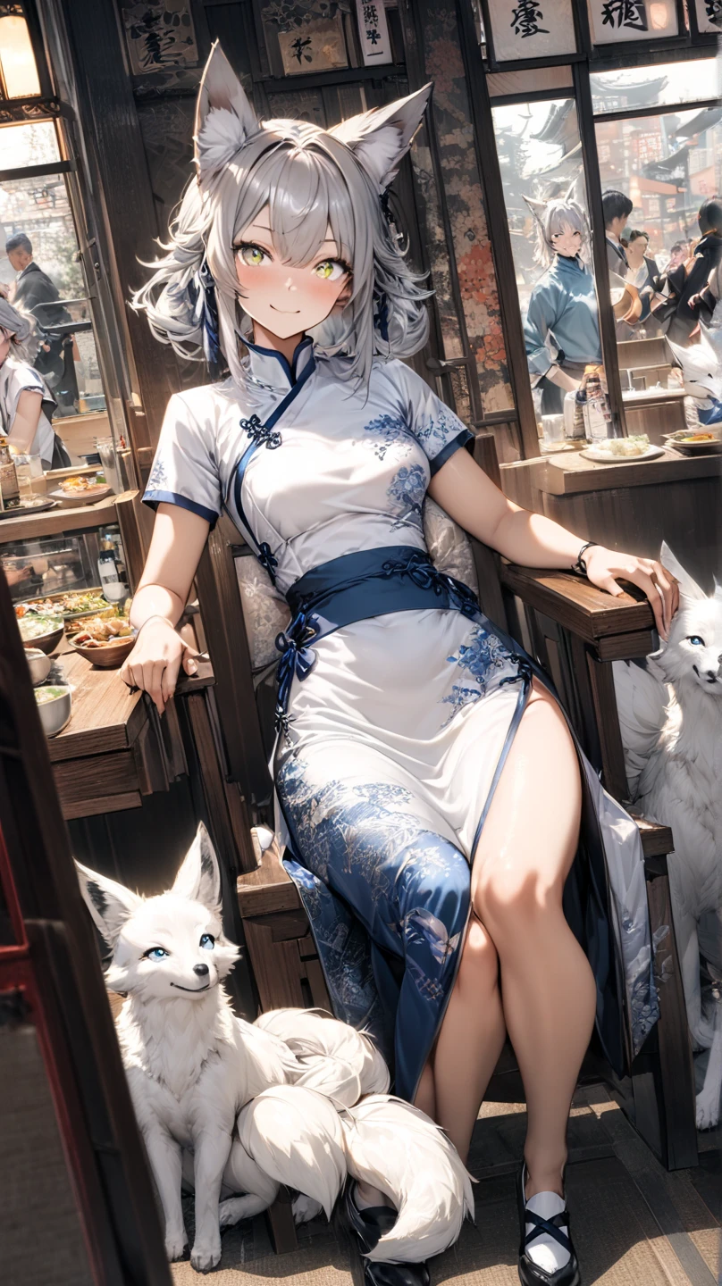 White hair、red eyes、Beautiful girl alone、Fluffy dresses、off shoulders、Western-style castle、Bright red roses、((fox ears)),steam,wet clothes ,china dress 