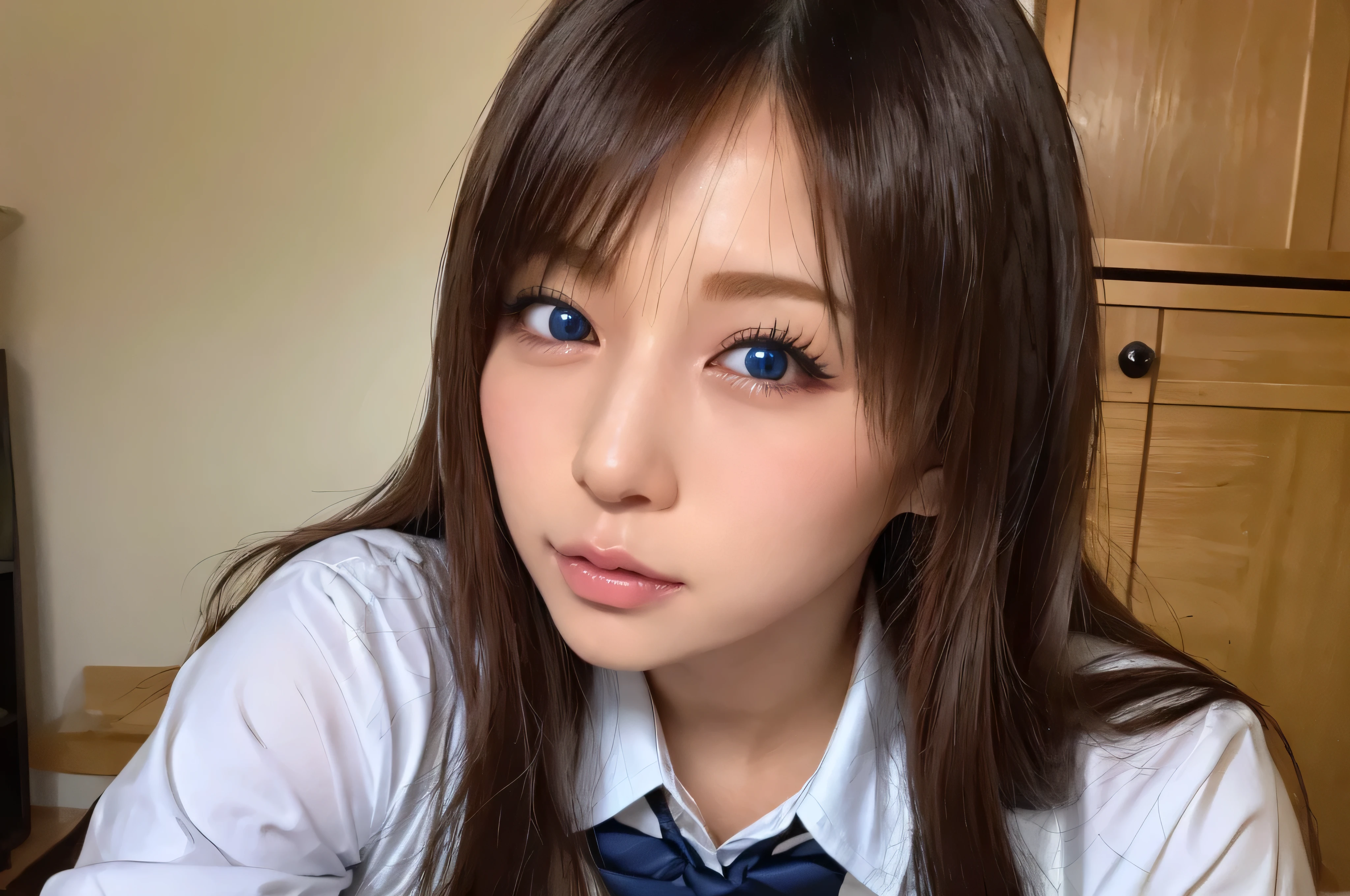 ( highest quality, 4K, 8k high resolution, Masterpiece:1.2), very detailed, 3 people, woman, ( black hair, long hair, blue eyes),(( school uniform)),(()),(()),(()),(()),(()),(()),(()),(()) Sexy Vibe , attractive breasts, magic hour ,Emphasizing individuality and uniqueness , thin and beautiful eyes, Stunning Lip Details, long eyelashes, bright color, Photo Spot,Soft and warm colors ,