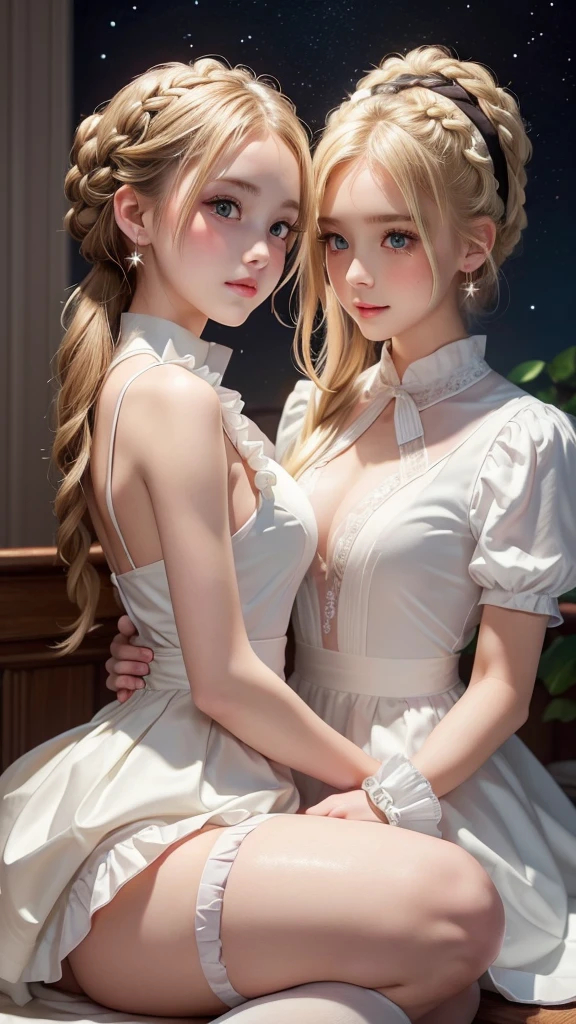 (Two beautiful girls:1.3), ((Best Quality)), ((masterpiece)), (detailed), (French braid), (blonde hair), Romantic low bun, Elbow gloves, Small breasts, maid uniform, knee high socks with frill, (Blushed), (cheek:1.3), shame, Confused, earrings, Silky white skin, dark background, stars, moon