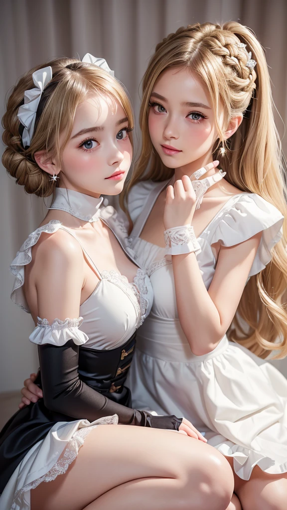 (Two beautiful girls:1.3), ((Best Quality)), ((masterpiece)), (detailed), (French braid), (blonde hair), Romantic low bun, Elbow gloves, Small breasts, maid uniform, knee high socks with frill, (Blushed), (cheek:1.3), shame, Confused, earrings, Silky white skin, dark background, stars, moon