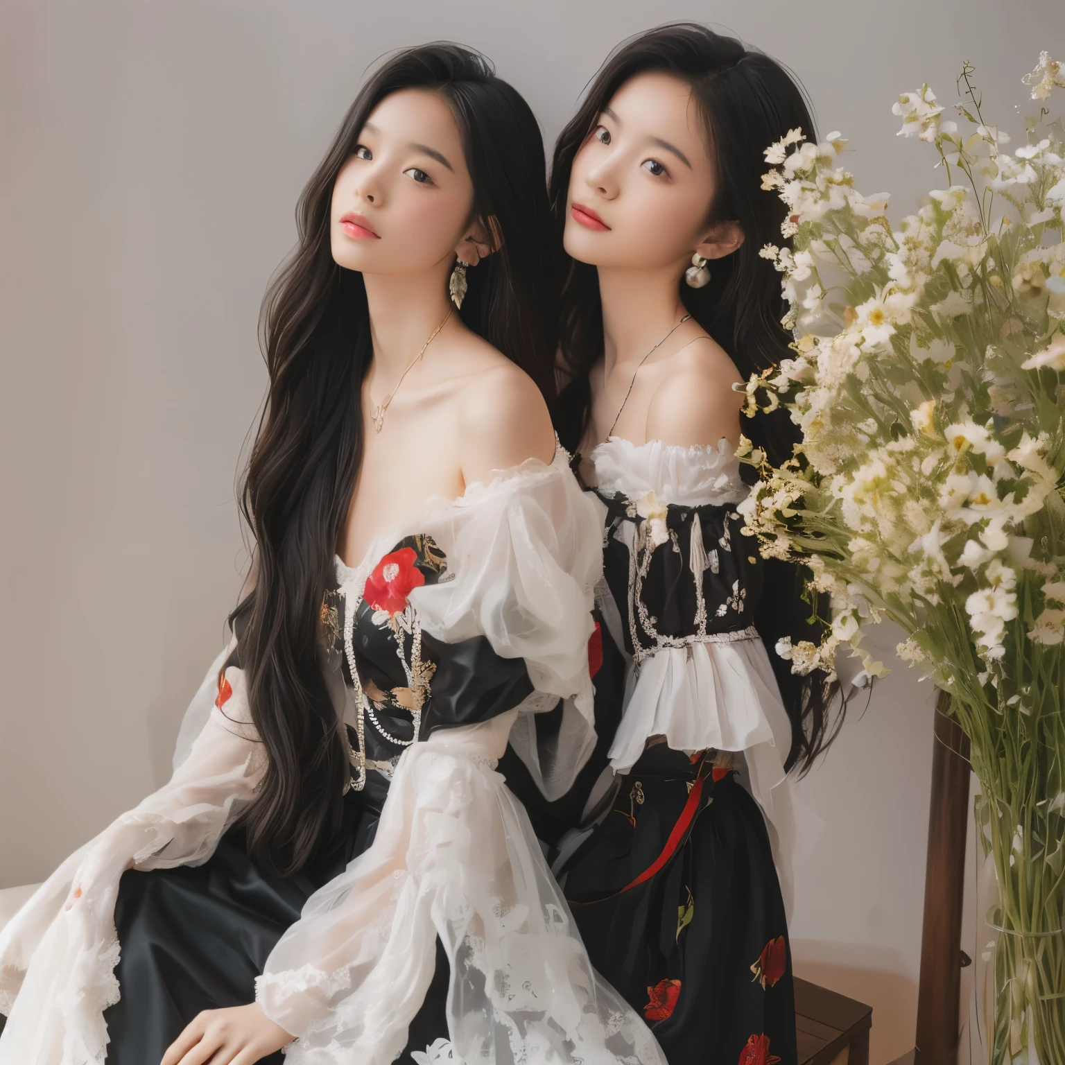 1 girl, jewelry, alone, earrings, long hair, forehead markings, black hair, necklace, bare shoulders, flowers, red lips, hair flowers, Cowboy shooting, skirt, Off the shoulders, facial markings, bow your head, cosmetics, lips, candle, clavicle, long sleeves, Tears flowed, cry, Tyndall effect, 8k, Large aperture, A masterpiece of the century, sit, maple leaf, doorway, corridor, The sun shines on the face, (\Me too\)