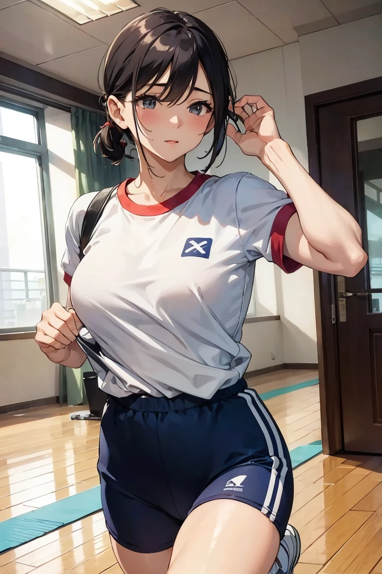 Masterpiece,best quality,Kousaka honoka, blue eyes, bike shorts, tight t-shirt, sexy body, navel,leg up, stretching, sweaty clothes, sweating