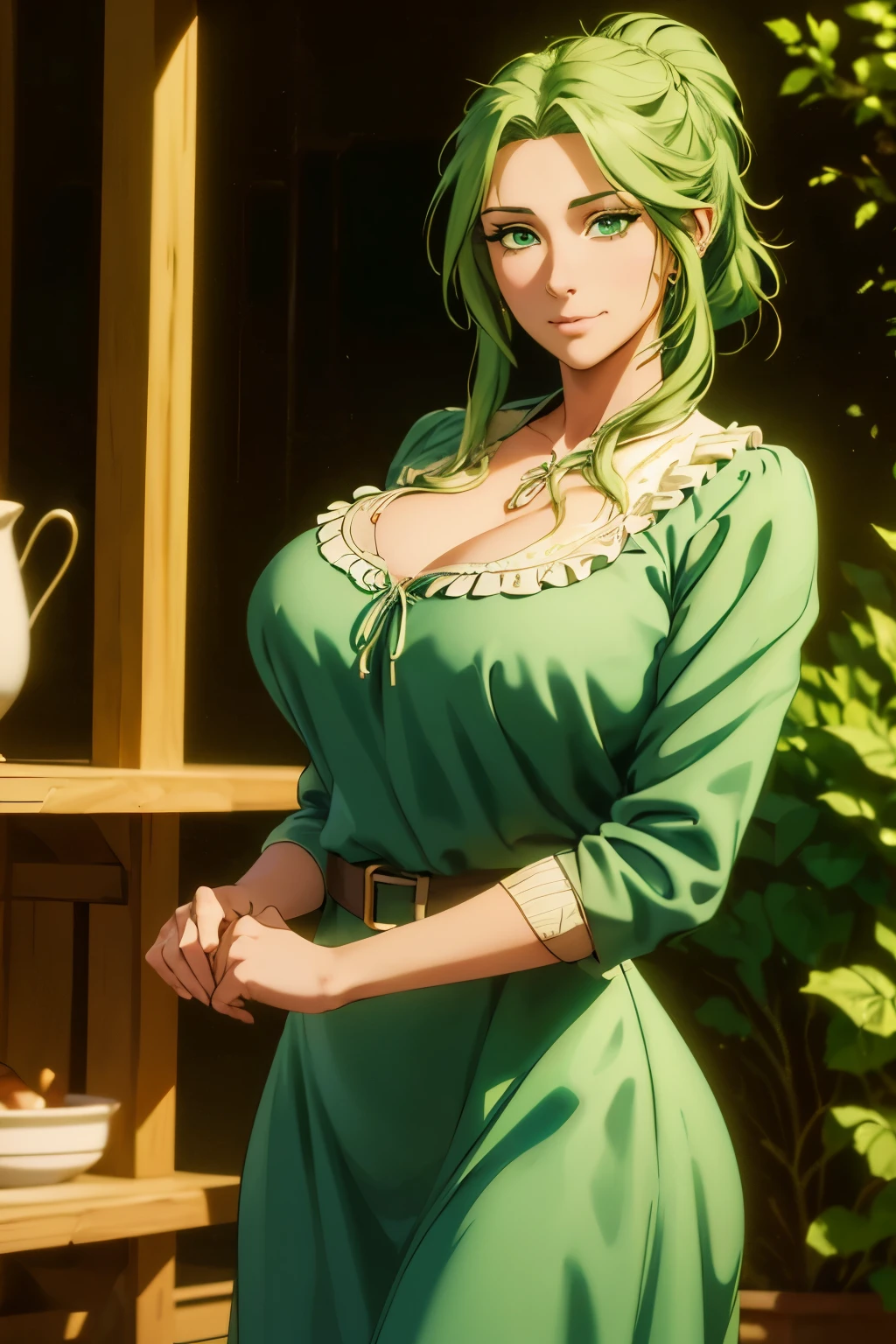 Beautiful Farmer with Braids . ((woman with green hair, hair tied , ponytail blouse , mature adult woman , mature milf's face, long hair )), perfectly round face . cute and charming face, big lips , beautiful and voluptuous , charming beauty , (( soft expression on her face )), ((Beautiful big, detailed green eyes )), curly curly , wide hips (( Dark blue dress with ruffles, mature adult woman , adult milf face, modest dress)) (highy detailed)), official art , of award-winning digital painting , Digital illustration , extreme details, 4K, Ultra HD, rococo, polished, intricate, realistic fantasy art , sharp focus, conceptual artwork , arte por wlop, germ of art, ( 2D vector illustration ) light, airy, hourglass shaped body . ellie bamber