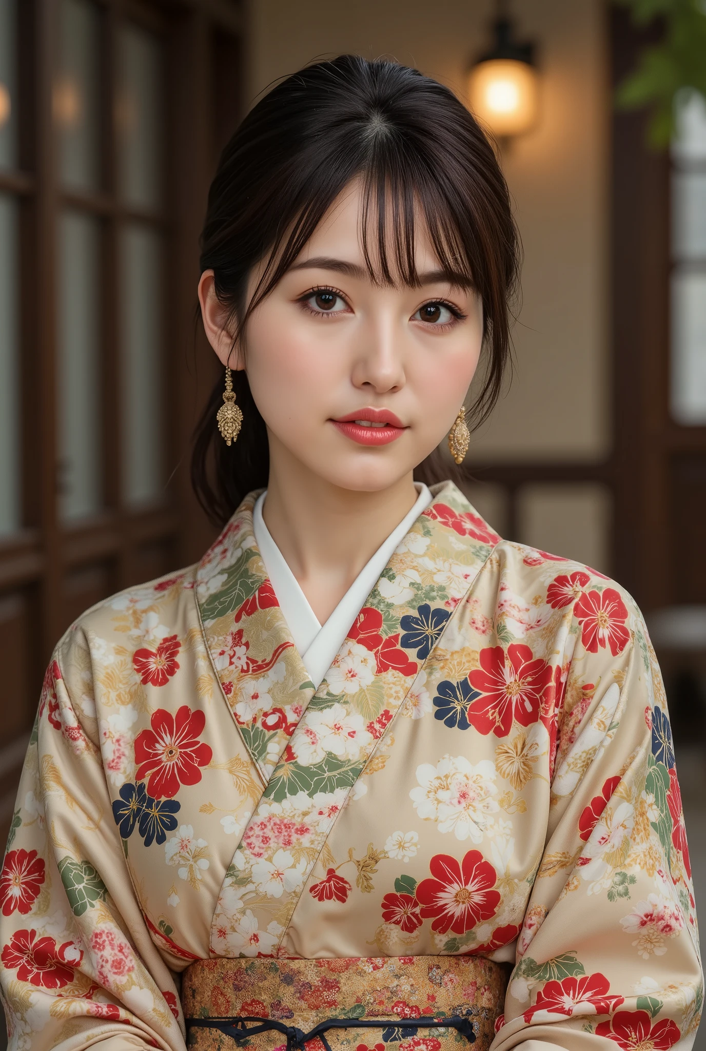 best quality, masterpiece, super high resolution, beautiful Japanese girl, Kind Face, green eyes, kind smile, Curvy Body, big boobs, updo brown hair, Japanese female Cloth Outfit, Japanese kimono, In Old Japanese-style Room, night:1.2,