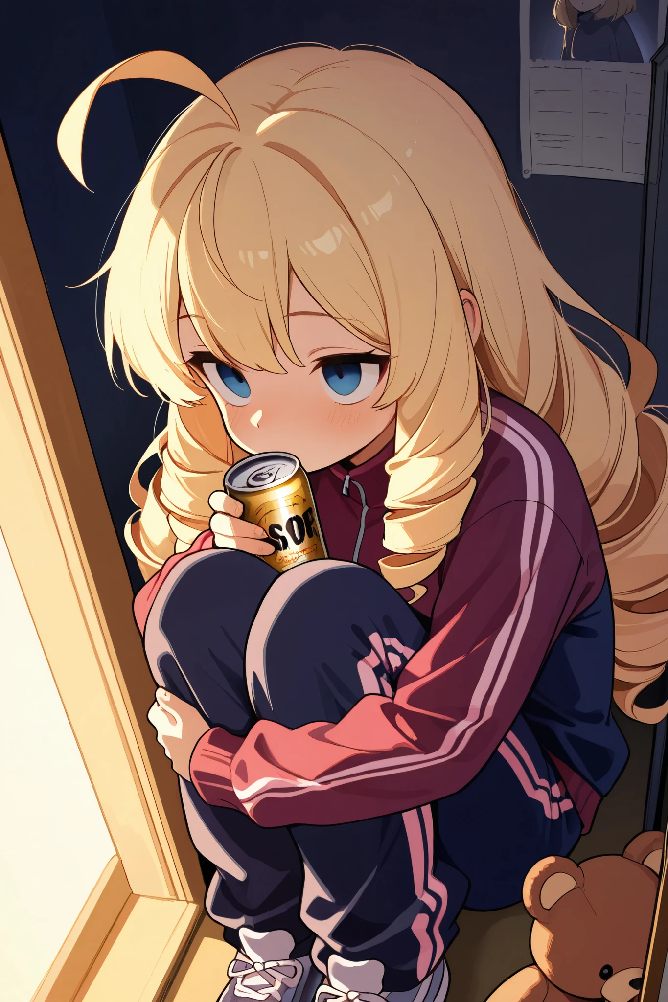 ( score_9, score_8_up, score_7_up ), ultra-detailed, detailed face, 

Solo, a girl, blonde, long hair, drill hair, ahoge, blue eyes, slant eyes, narrow eyes, wearing maroon long sleeves sportswear and long pants sportswear, 

hugging own legs, holding a Canned beer, Hiding in the closet, Teddy bear, inside the closet, dim background, 

cute, anime, illustration, masterpiece, best quality, detailed, mystical atmosphere, pastel academia, soft-edged, soft surface, backlighting, dark, cold lighting, moonlight, sharp shadows, fast shutter speed, 2D Anime, Best Hands, Best Hand, 135mm, F4.0, SONY FE GM, upper body, best hand