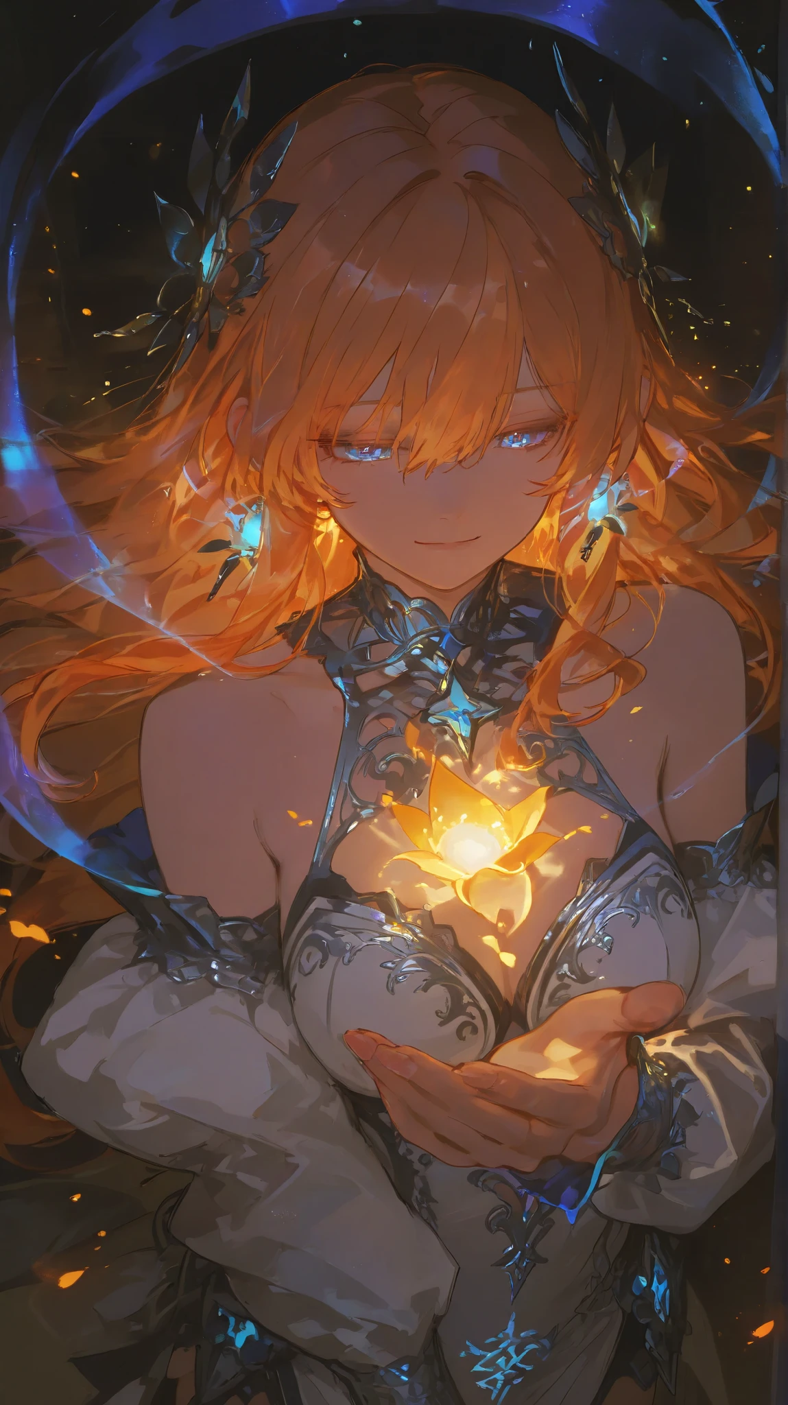 "A breathtaking anime-style fantasy girl with flowing, fiery orange hair and dazzling sapphire-blue eyes. She wears an ethereal, intricately designed outfit that blends elements of ancient royalty and magical enchantment, adorned with glowing gemstones and silver embroidery. Her expression is serene yet powerful, radiating confidence and mystery.
The background is a mesmerizing fantasy realm: a grand floating city with towering crystalline spires, ancient glowing runes, and waterfalls of liquid light cascading from floating islands. The sky is a swirling mixture of twilight purples, deep blues, and radiant auroras, filled with floating lanterns and mystical creatures soaring through the air.
The scene is illuminated with a magical glow—soft ambient light reflecting off her hair and outfit, with gentle sparkles enhancing the dreamlike atmosphere. A mix of warm and cool tones creates depth and contrast, making the character stand out beautifully against the background.
Camera angle: A dynamic mid-range shot, slightly low-angle to emphasize her elegance and presence. Her hair flows dramatically in the wind, creating a sense of motion. The framing includes foreground elements like glowing petals or floating embers to add an immersive feel.
Art style: High-detail anime with semi-realistic rendering, vibrant colors, and painterly lighting effects, capturing the ethereal beauty of the fantasy world."