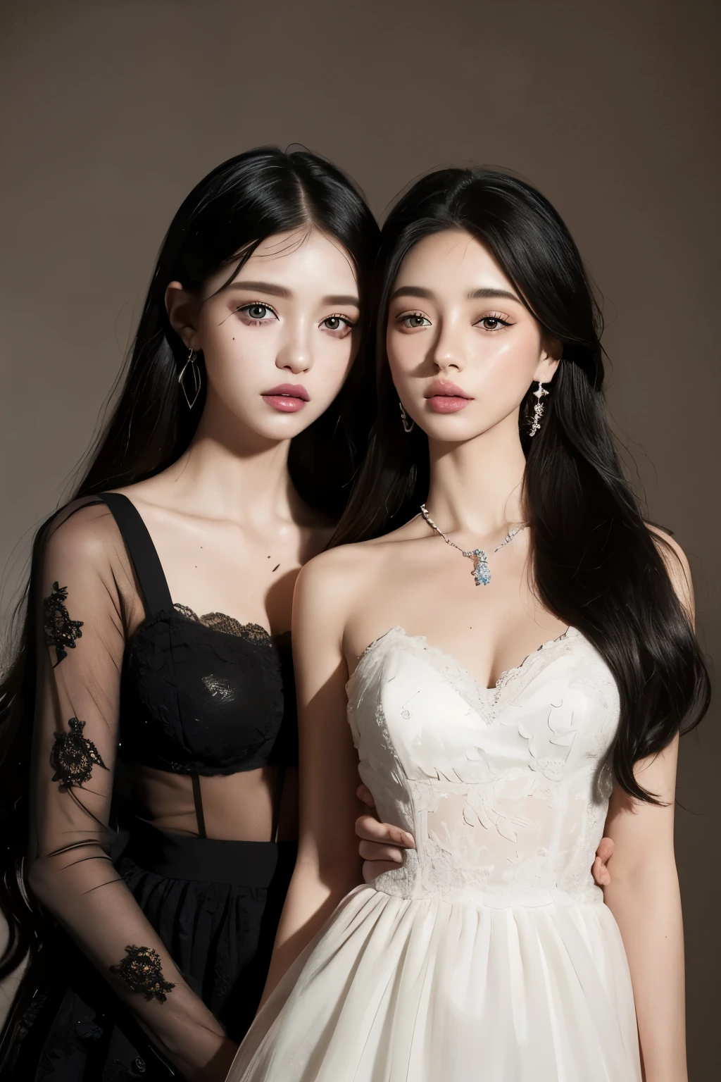 these two dolls are very pretty and very strange for a 2d picture, multiple girls, freckles, 2girls, looking at viewer, jewelry, black hair, lips, earrings, realistic, eyelashes, parted lips, long hair