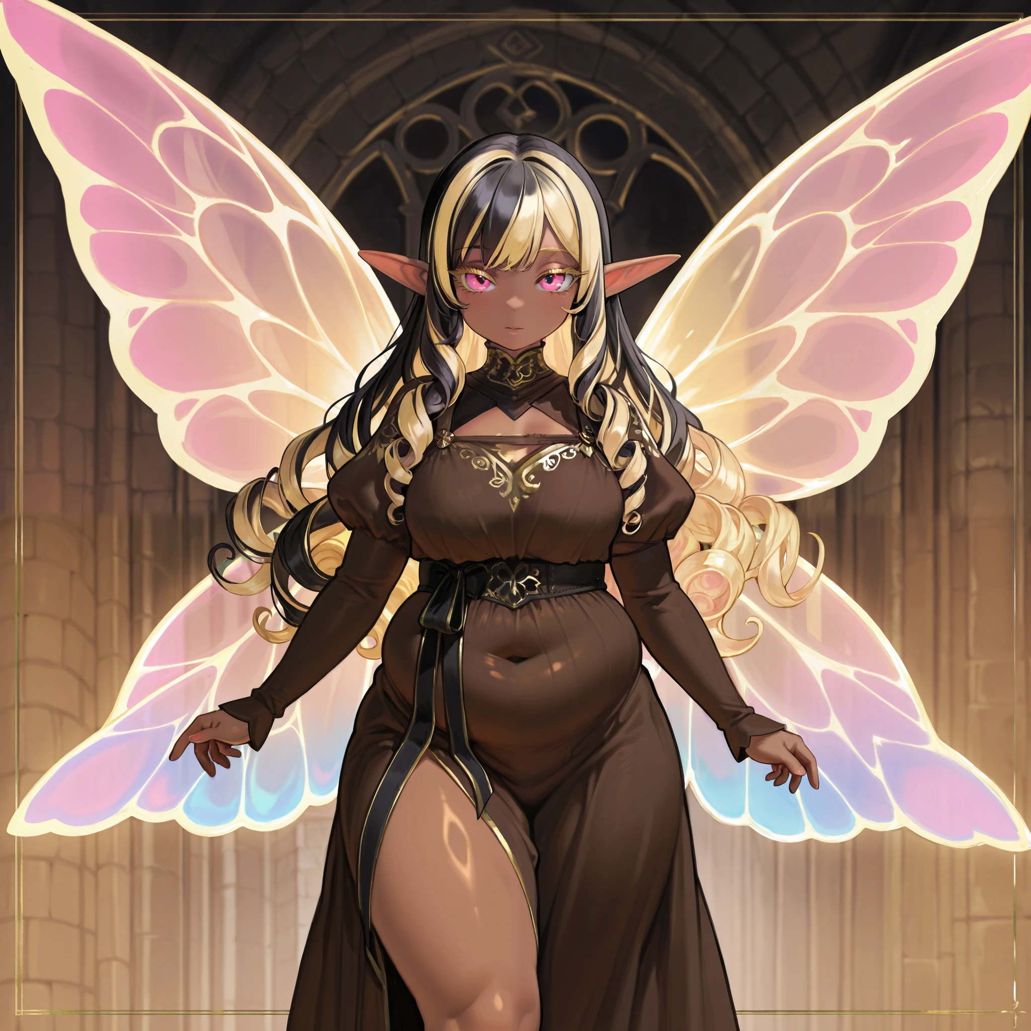 brown skin, pink eyes, gold lined iridescent faerie wings, curvaceous, plump figure, long curly black hair, blonde streaks, long elf like ears, thick blonde eyelashes, brown medieval dress.