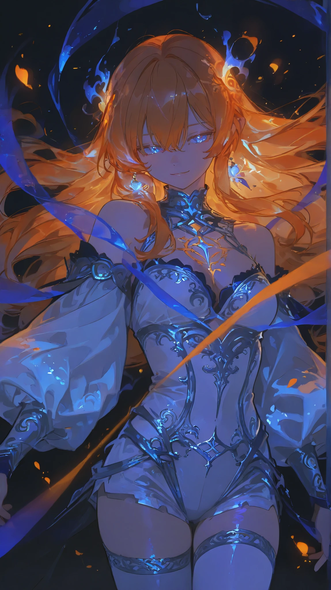 "A breathtaking anime-style fantasy girl with flowing, fiery orange hair and dazzling sapphire-blue eyes. She wears an ethereal, intricately designed outfit that blends elements of ancient royalty and magical enchantment, adorned with glowing gemstones and silver embroidery. Her expression is serene yet powerful, radiating confidence and mystery.

The background is a mesmerizing fantasy realm: a grand floating city with towering crystalline spires, ancient glowing runes, and waterfalls of liquid light cascading from floating islands. The sky is a swirling mixture of twilight purples, deep blues, and radiant auroras, filled with floating lanterns and mystical creatures soaring through the air.

The scene is illuminated with a magical glow—soft ambient light reflecting off her hair and outfit, with gentle sparkles enhancing the dreamlike atmosphere. A mix of warm and cool tones creates depth and contrast, making the character stand out beautifully against the background.

Camera angle: A dynamic mid-range shot, slightly low-angle to emphasize her elegance and presence. Her hair flows dramatically in the wind, creating a sense of motion. The framing includes foreground elements like glowing petals or floating embers to add an immersive feel.

Art style: High-detail anime with semi-realistic rendering, vibrant colors, and painterly lighting effects, capturing the ethereal beauty of the fantasy world."