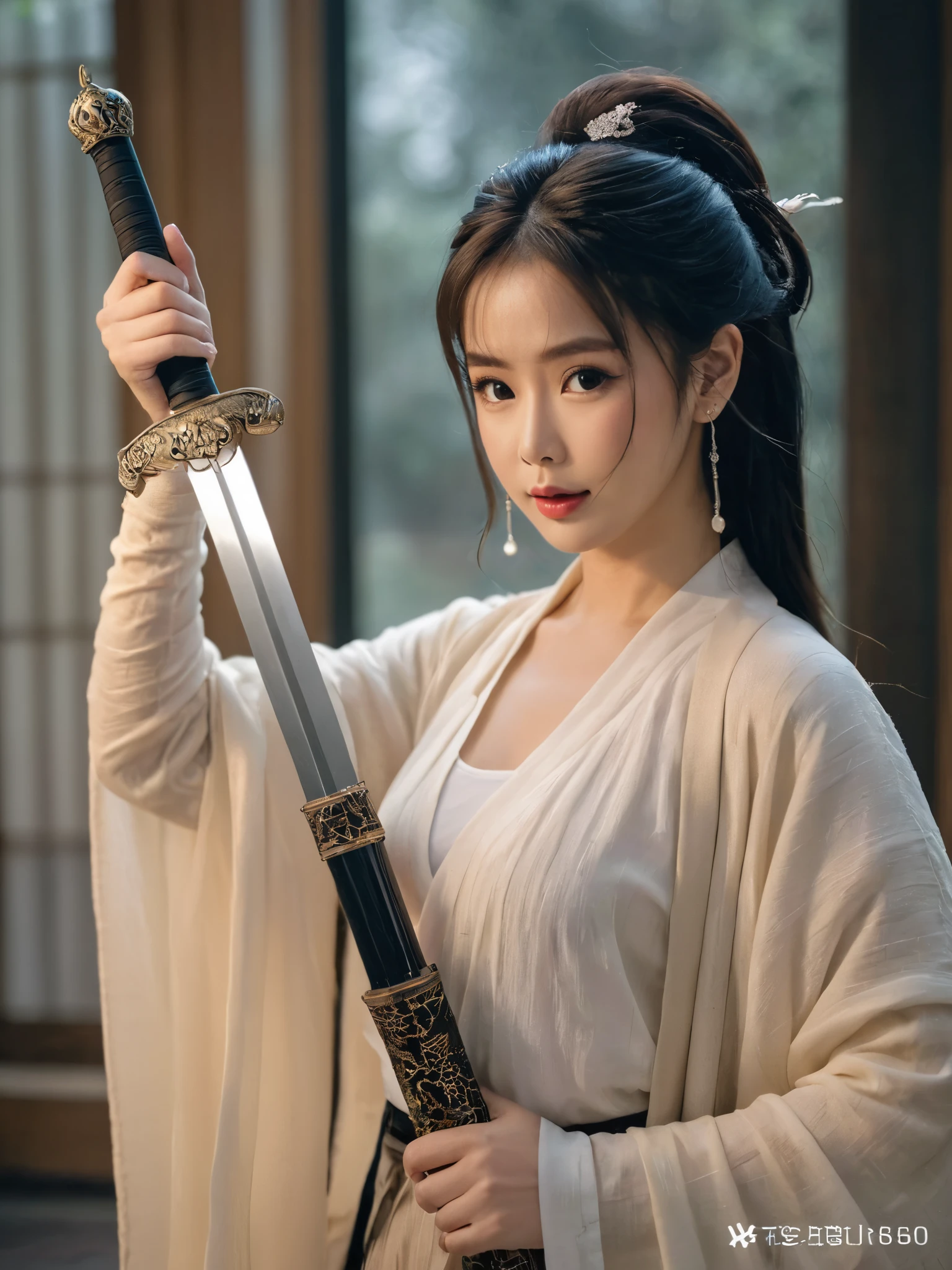 Close-up of a woman wearing a white dress and holding a sword, Portraits by Jan J, Trending on CGSociety, Fantasy art, Beautiful character drawings, artwork in the style of Gwaiz, Gwaiz, White Hanfu, Flowing white robes, Full body martial arts, Magnificent and elaborate character art, Amazing character art, beautiful female assassin