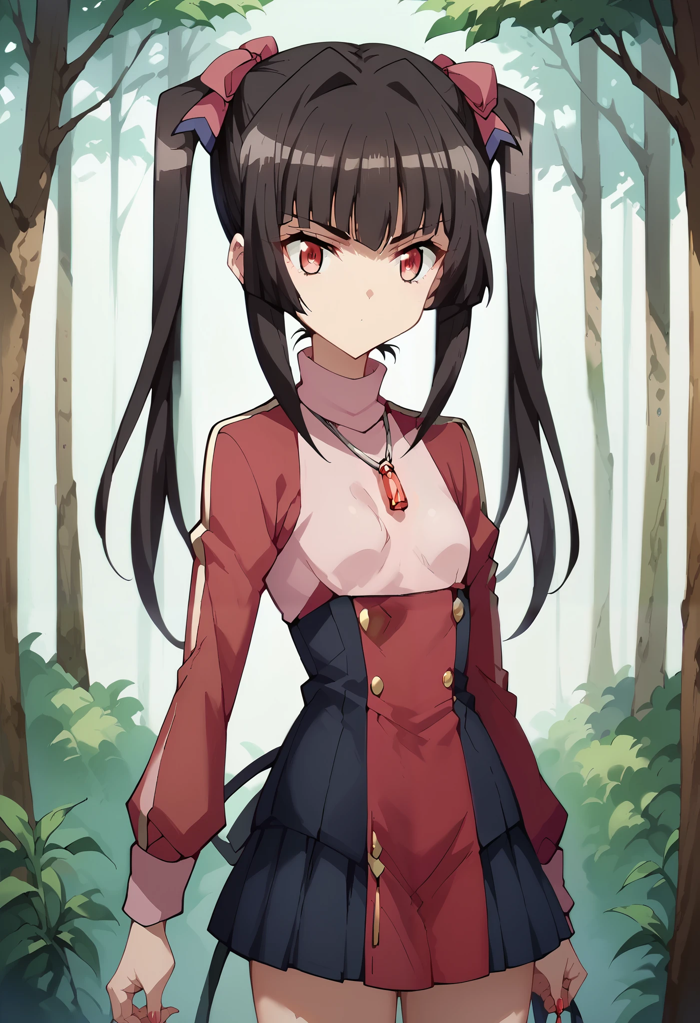 score_9, score_8_ up the side, score_7_ up the side, score_6_ up the side, score_5_ up the side, score_4_ up the side, Masterpiece, Anime_lineart Anime coloring, Alone, thighs are thick, thin waist, small breasts, forest, articulation month reading , twin tails, Crimson Eyes, black hair, long hair, Turtleneck Dress, white background