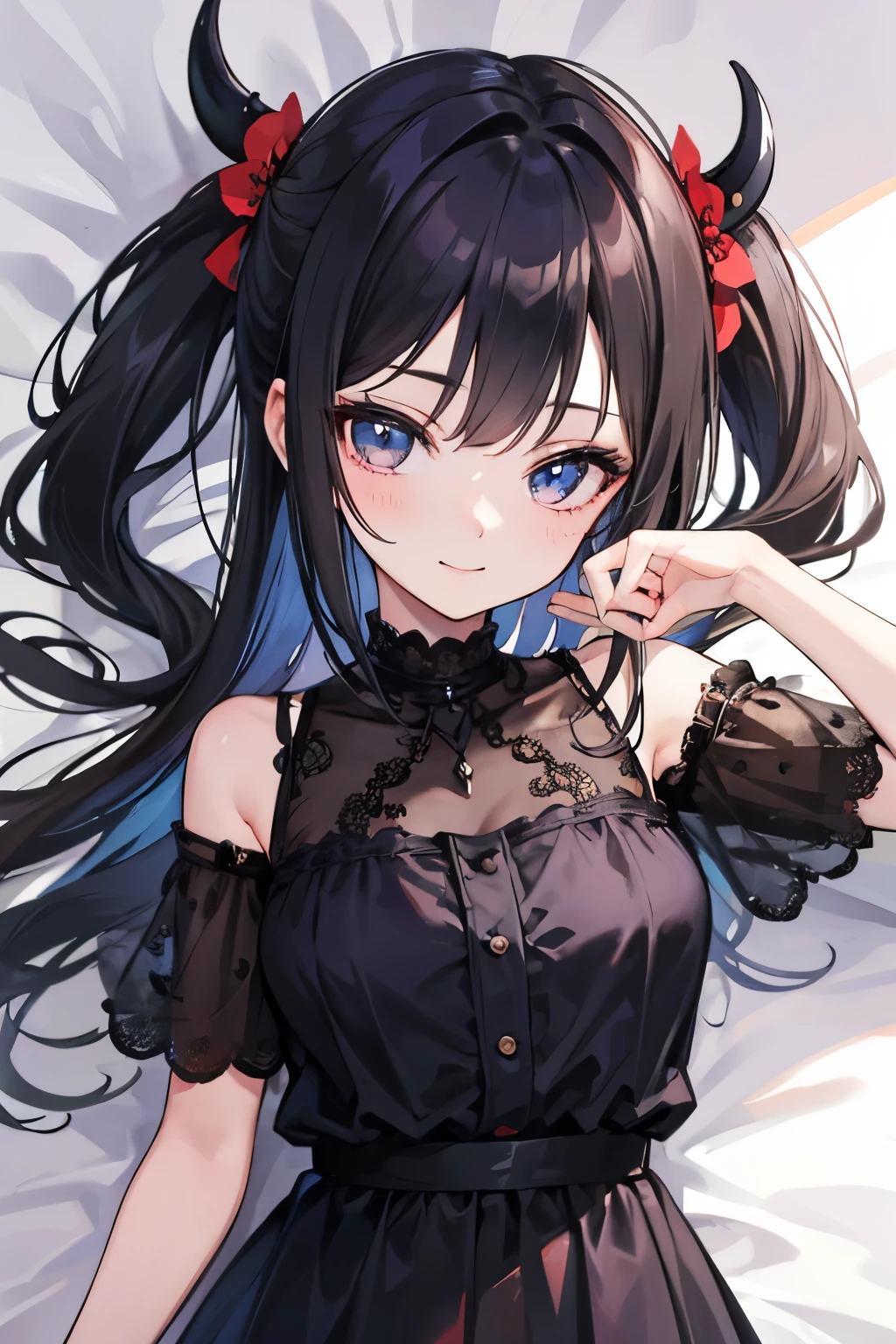 (masterpiece:1.4、top-quality、illustration:1.4,realistic、)、(character focus、breast focus,upper body:1.3)、(1girl),(Open mouth happy smile:1.3),(cute),cute face,blue eyes、(cute)、
,(stand:1.4),(black long hair),
,(slender),lace dress:1.3),
(),(), (small breasts:1.3)、
、slender、