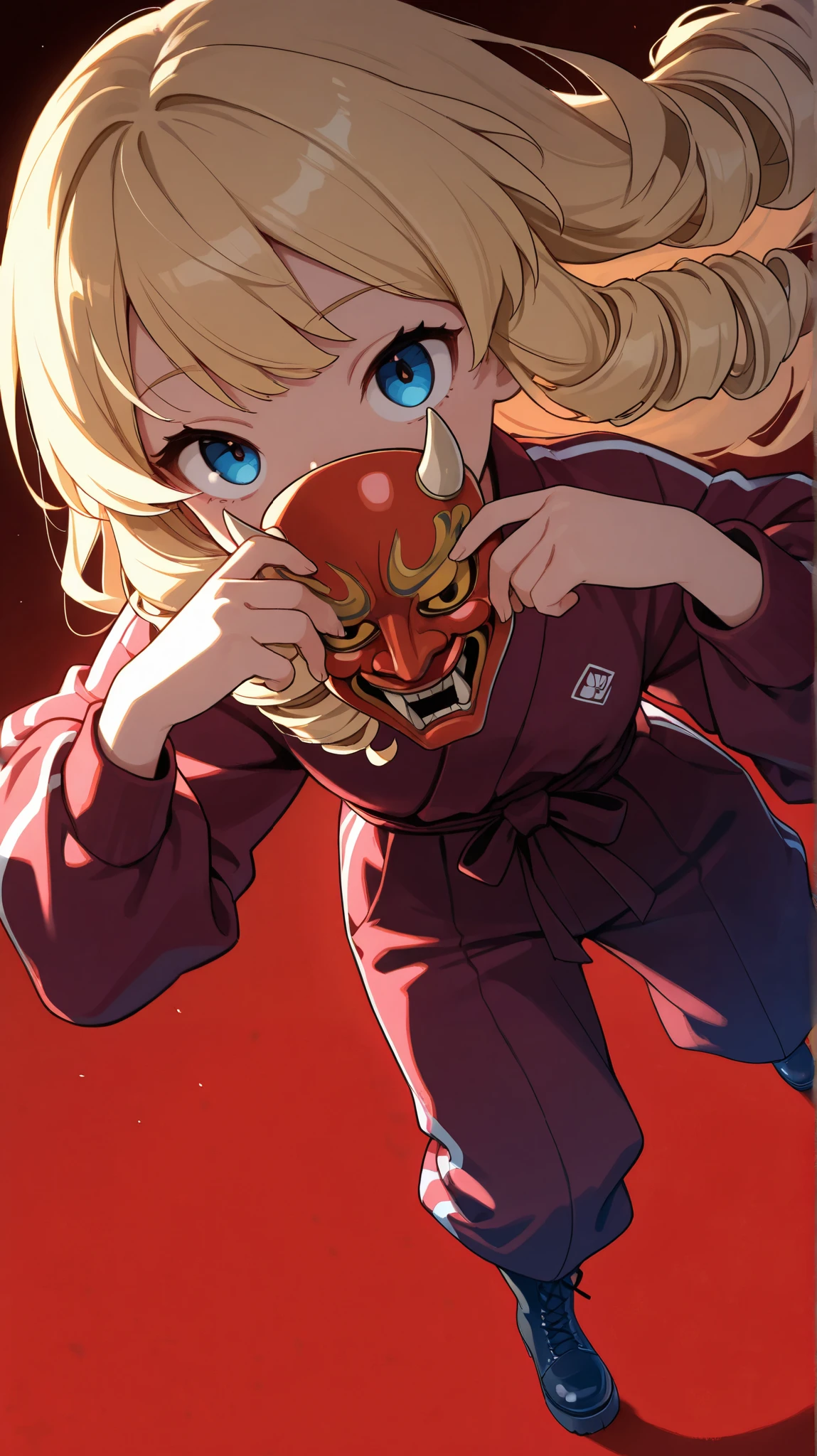 ultra-detailed, detailed face, close-up portrait, BREAK focus on face, dynamic angle, dutch angle shot, (looking at viewer),
Solo, Drill Hair, blonde, Long Hair, a girl, blue eyes, slant eyes, narrow eyes, face on hannya mask, wearing maroon long sleeves sportswear and long pants sportswear, Black platform boots,
hands up, holding a japanese clothes, dark red background,
cute, anime, illustration, masterpiece, best quality, detailed, mystical atmosphere, pastel academia, soft-edged, soft surface, backlighting, moody lighting, underlighting, sharp shadows, fast shutter speed, 2D Anime, Best Hands, Best Hand, 135mm, F4.0, SONY FE GM, upper body, best hand