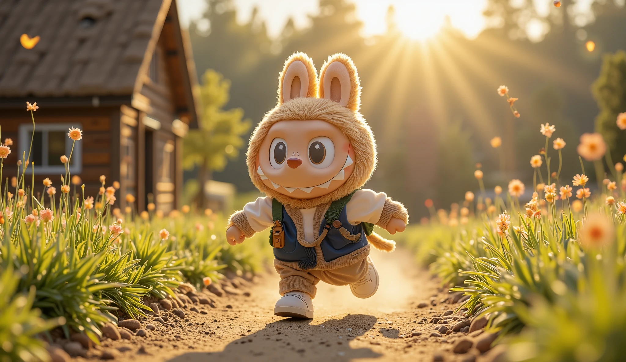 A brown Labubu runs energetically along a dirt path, its small feet kicking up tiny dust clouds. Dressed in the same neat school uniform as before, its backpack bounces slightly with each step. The morning sun casts a golden glow over the peaceful countryside, illuminating the charming wooden house in the background. Birds flutter from the trees, and a gentle breeze sways the tall grass beside the path. Labubu’s ears perk up with excitement, its eyes focused ahead as it eagerly dashes toward a new school day in the quiet village.