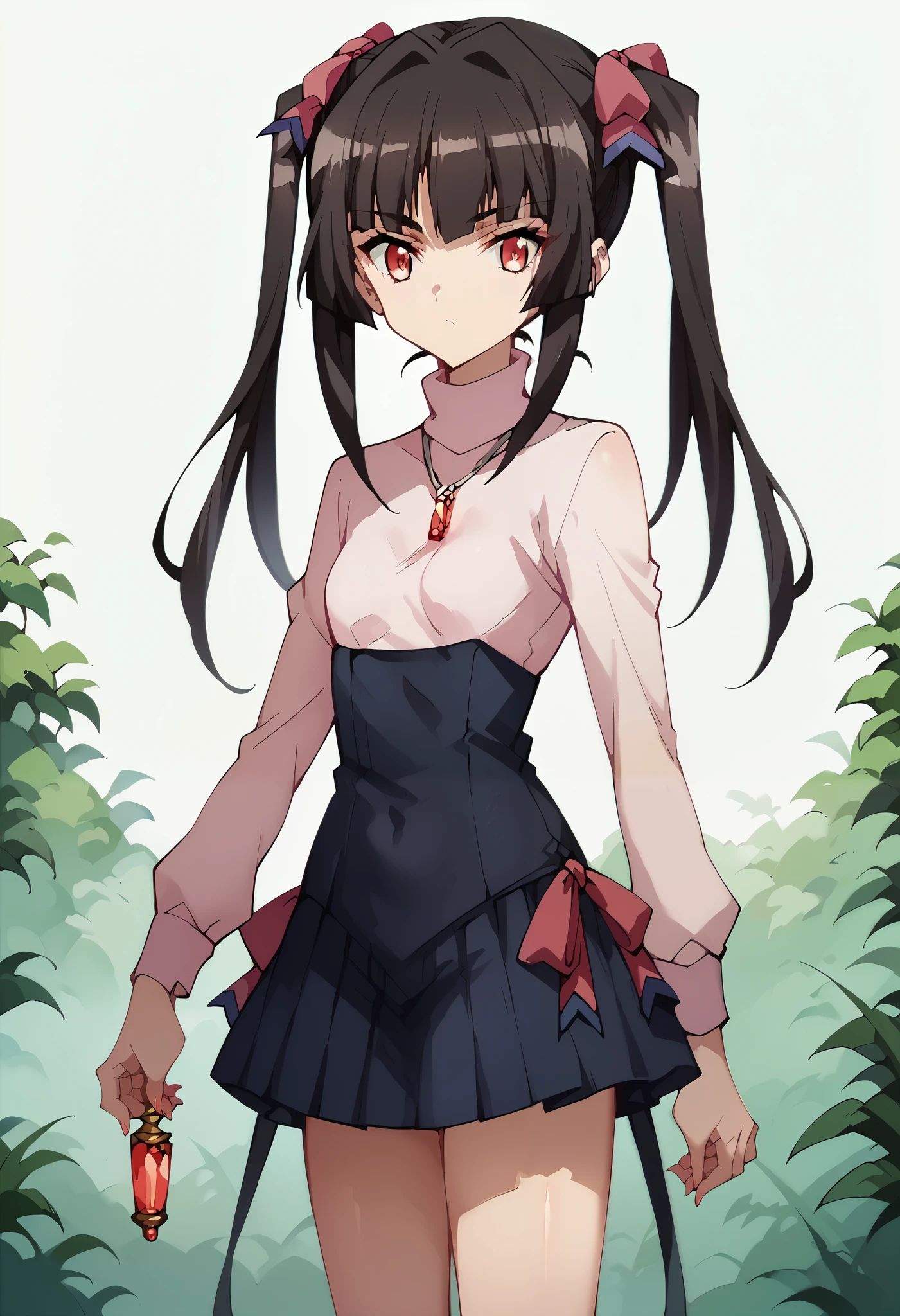 score_9, score_8_ up the side, score_7_ up the side, score_6_ up the side, score_5_ up the side, score_4_ up the side, Masterpiece, Anime_lineart Anime coloring, Alone, thighs are thick, thin waist, small breasts, forest, articulation month reading , twin tails, Crimson Eyes, black hair, long hair, Turtleneck Dress, white background