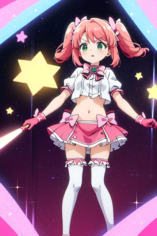 (Perfect body),Best Quality,(8K Portrait),(Official art)、NSFW、(((((Lori)))))、((((:D))))、V-shaped eyebrows、(((blush))),(((((flat chest)))))、small tits、((Big ass))、((Pink hair),((Short hair))、waved hair、(Orange Eyes)、((((thick thighs))))、(((((white  leotard)))))、(((pink ruffle skirt)))、(Armpits)、(((((Short stature)))))、(((Jumping)))、(((Light blue striped panties)))、Cowboy Shot、cosmic space