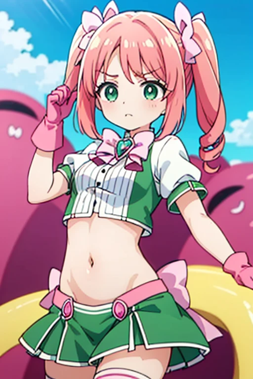 1 girl, deltamon_beta, alone, blue eyes, knee highs, animal ears, bare shoulders, blue tail, earrings, detached sleeve, green hair, sleeveless, cat ears, bag, white knee highs, cat tail, pink backpack, pink school bag,
BREAK A young woman is holding a large stick of candy in her mouth at a candy-themed amusement park. She holds a large stick of candy in her mouth while sticking out her tongue. She is drooling. BREAK A young woman holding a large stick of candy in a candy-themed amusement park.