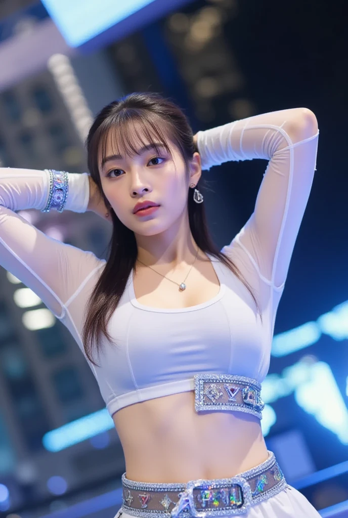 (8k), (highest quality: 1.2), (Realistic), (Realistic: 1.47), Ultra-high resolution, 1 girl, cute, smile, Mouth closed, (Thick lips:1.2),Red lips,Beautiful details, Beautiful Nose,(Straight shiny black hair),(ponytail),Stand on the concert stage,Hold the microphone in your right hand,Bend your elbows and raise your hands,(University uniform,stripe loose fit white shirts formal:1.2),(Grey thick pleated skirt:1.2),(open shirt:1.3),(Calvin Klein sports bra:1.2),(knees),(Medium Shot),Thighs