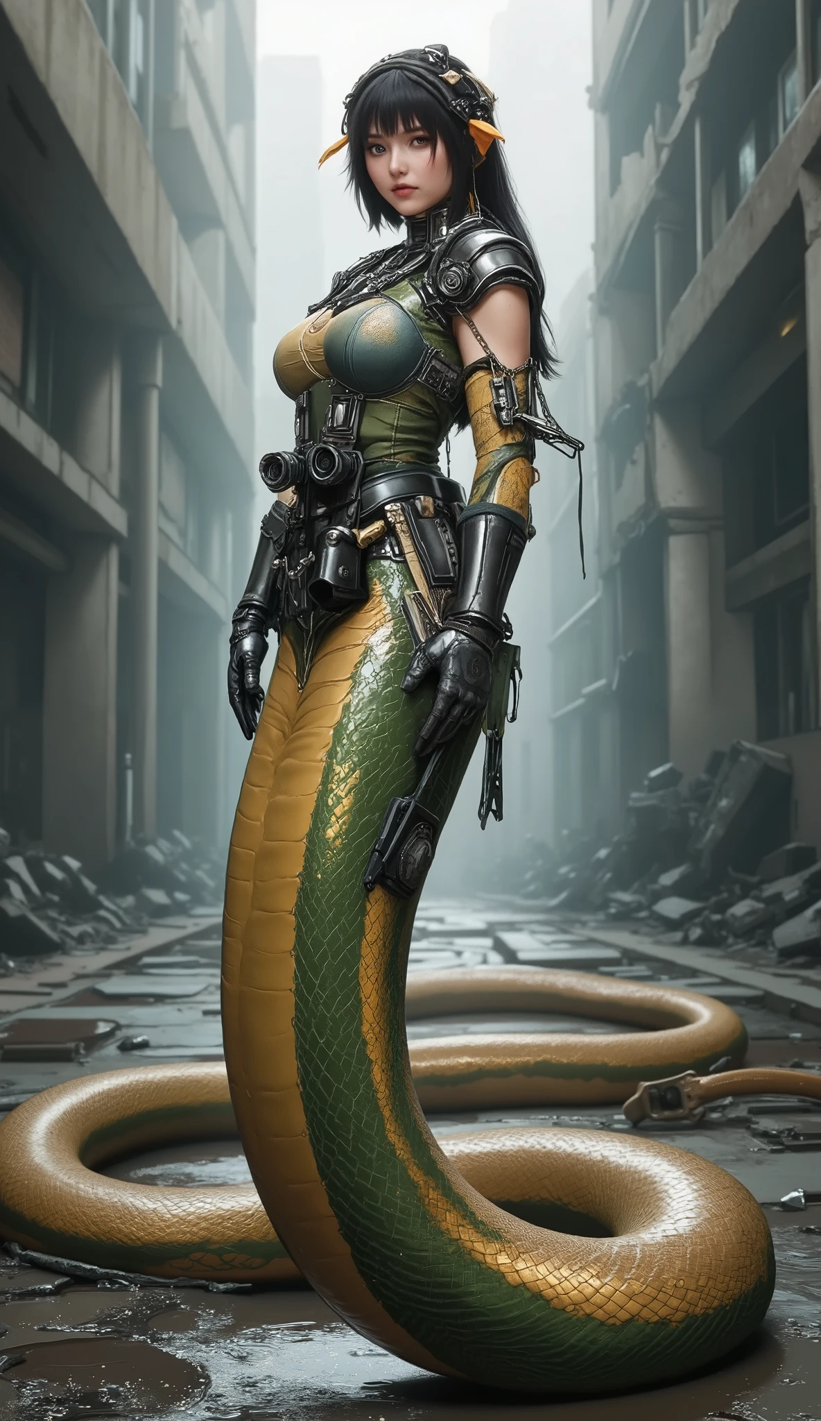 A muscular, anthropomorphic snake stands heroically in the ruins of an abandoned industrial city, exuding strength and resilience. This character features striking scales with a blend of deep green and shimmering gold hues, enhancing its commanding presence.Dressed in rugged tactical gear, the snake wears a worn-out armored suit that showcases both functionality and battle readiness. The armor is intricately detailed, with textures that reflect a history of survival and conflict, giving it a rugged yet heroic appearance as it coils around itself, ready for action.The setting is filled with crumbling concrete structures and remnants of a once-bustling urban landscape, emphasizing the contrast between the vibrant character and its desolate surroundings. Light filters through broken windows, casting dramatic shadows that accentuate the snake’s muscular physique and determined stance.This artwork captures the essence of fantasy illustration, blending realistic, hyper-detailed art with elements of concept design. The full-body portrait format highlights the character’s intricate features, showcasing a perfect blend of serpentine characteristics and humanoid traits, making it a compelling protagonist for a game or story set in a dystopian world.The overall composition invites viewers to engage with this unique character, exploring the narrative of a brave warrior navigating the challenges of a forgotten city, embodying courage and strength in every detail.