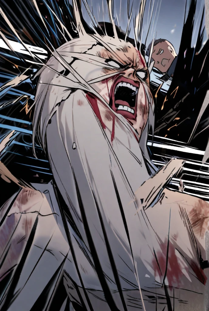 (masterpiece),(highres),(intricate details:1.4),extremely detailed,(illustration:1.2),8k,photorealistic,exquisite,solo, (Bold perspective),aged,elder male wolf,muscular, (Ancient Greek mythological style;1.8)(white robe:1.6),manhood,safeguard,(white hair:1.3),long hair,long white beard,scar,(badly damaged),(sacrifice),hurt,broken body ,(bleeding:1.9) ,(kneeling down:1.9),(his chest was hit by an arrow:1.9),(bulging crotch:1.9)