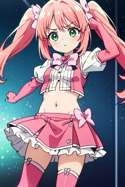(Perfect body),highest quality,16k,(Browsing Caution)、Anime Screen Capture、((blush)),(short hair), (((Orange eyes))),Thick and tight,((((Pink Hair)))),Sweat,I was surprised,((())),(((View from the front)))),cowboy_shot,((((Wavy Hair)))),Ahoge,Valletta,(((Yellow sleeveless_Frills_Jacket))),(((ピンクのFrillsミニスカート))),(((Light blue striped panties))),(White knee socks),(White gloves),((Panty shot)),The wind blows up my skirt、Big Ass,Flat Chest、blush、Squat,Close one eye、Spread your legs、Looking at the audience,((( He is short))),((smile)),(((Put the headset on your head))),(surprise),(From below)、((Dynamic pose)),((Idol)),((1 girl)),(((Pink bow tie)))