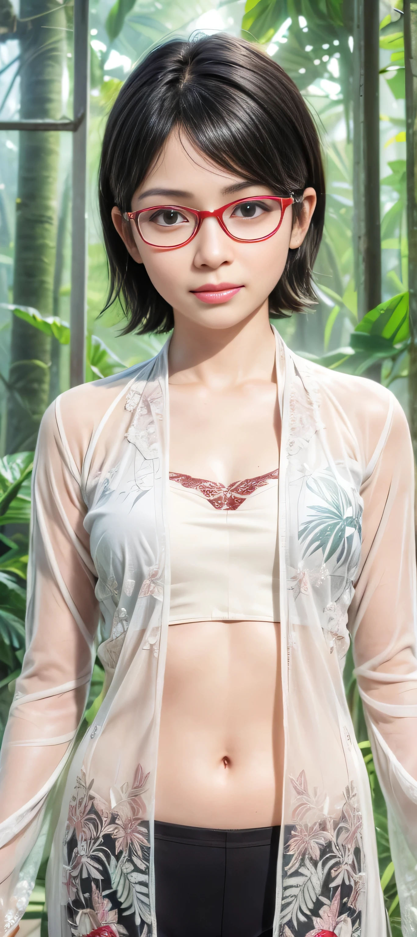 masterpiece, best quality, (realistic,photo-realistic:1.4), (RAW photo:1.2), extremely detailed CG unity 8k wallpaper, delicate and beautiful, amazing,finely detail, official art, absurdres, incredibly absurdres, huge filesize, ultra-detailed,extremely detailed eyes and face,light on face,(smirk),(wearing red framed glasses:1.4),sarada,(black hair:1.4),(short hair:1.4),(wearing kebaya:1.5),(deep jungle:1.4)