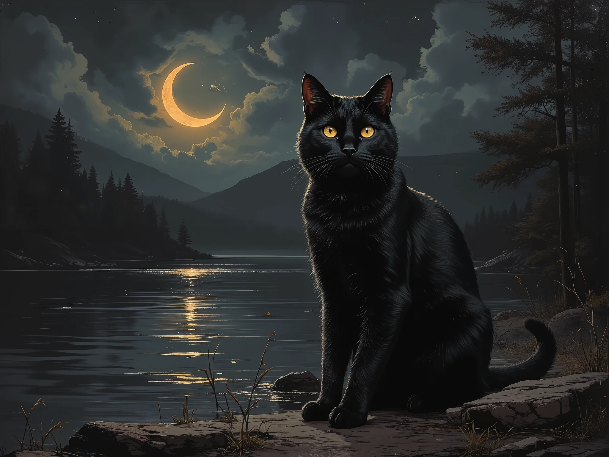 High quality paintings.A beautiful black cat sits on the shore of a lake at night with a crescent moon and looks at you with golden eyes.