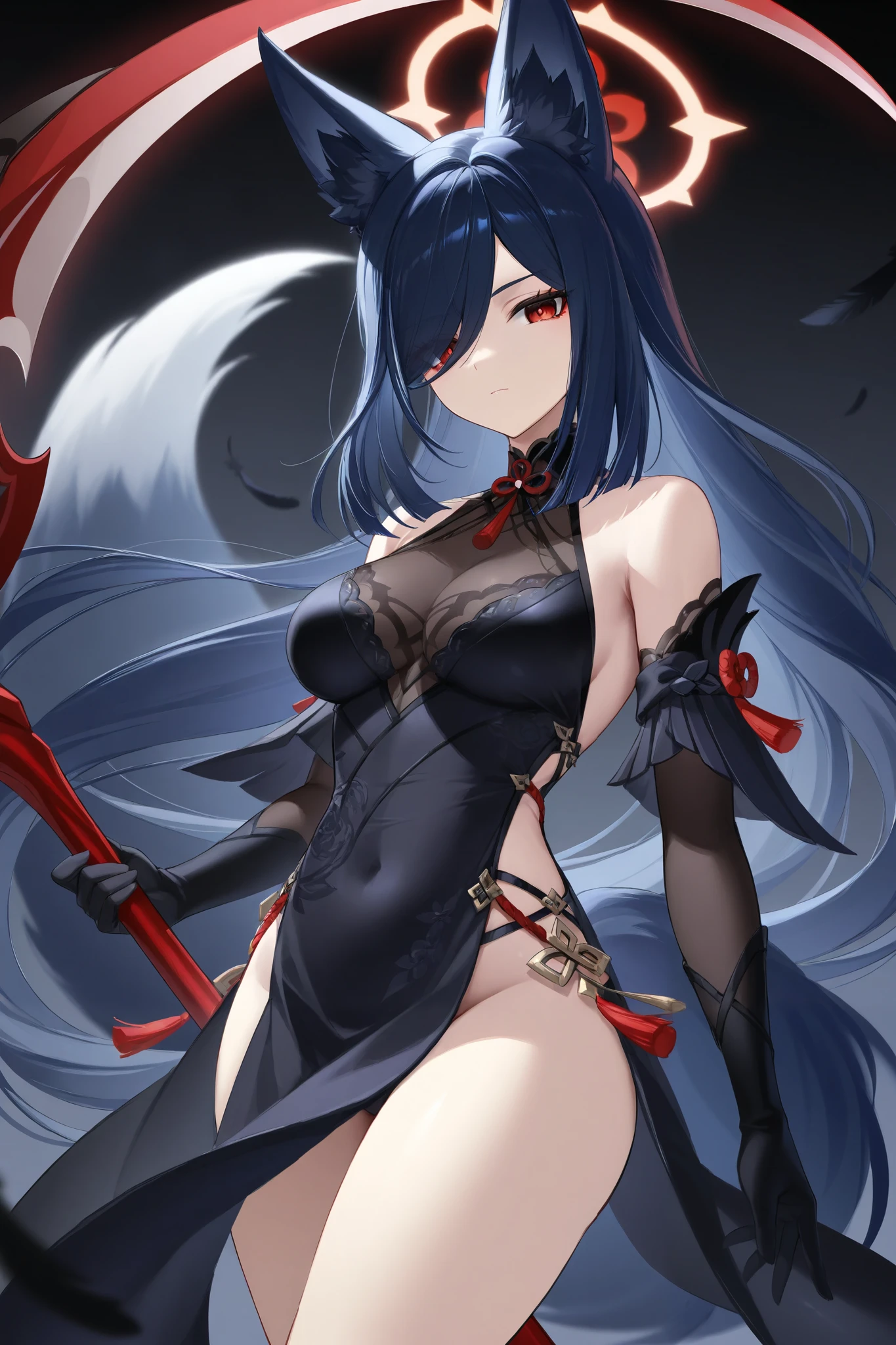 A sexy women with a grim reaper-inspired sexy outfit, long flowing black hair, and piercing blue eyes