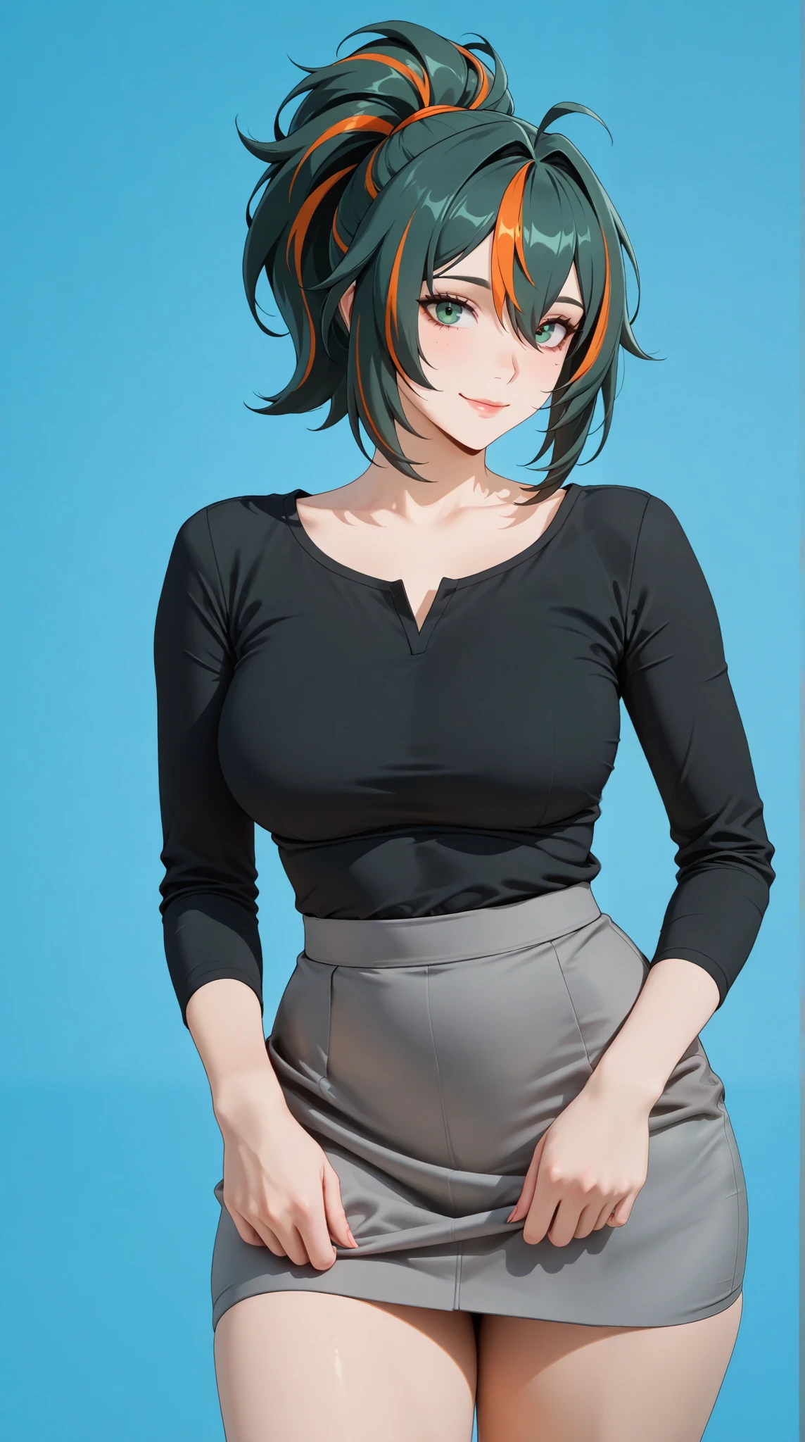 masterpiece, extremely detailed,perfect skin texture,4k,solo,1girl,adult ,((fullbody)),zhu yuan,ponytail streaked hair,happy,slim body, sexy legs,perfect body,large breasts,housewife,grey hot skirt,((black shirt)),soft light, high detailed, best quality, upper body, blue plain background ,blue background,looking at viewers,front look,sexy pose, photography,cowboy shot,doggy style
