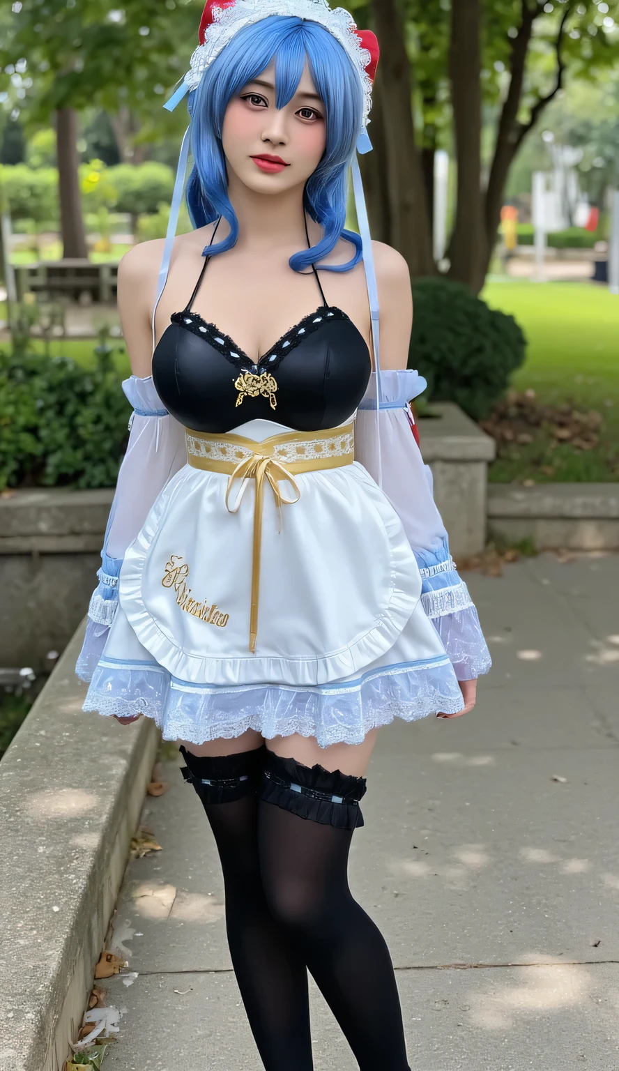 Ultrarealistic Photography, Ganyu Cosplay ganyu french maid,Blue and white cheongsam, qipaoganyu ,hair between eyes, pantyhose ,blue eyes ,black dress ,wide view,full body ,cosplay ,ganyu ,thick body , ganyu ,long black hair, in the green park