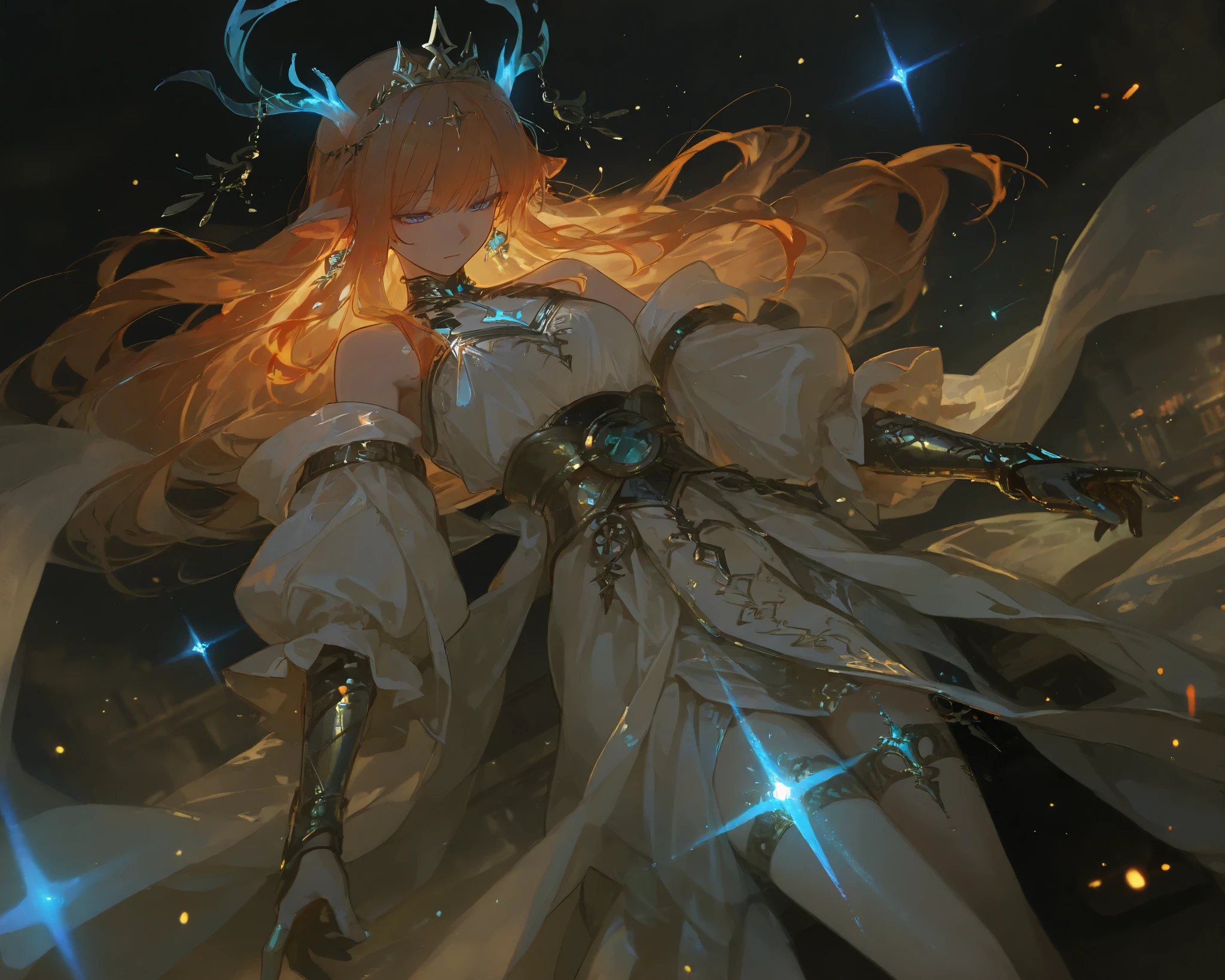 A stunning anime-style fantasy girl with long, flowing fiery orange hair that glows softly in the light, and mesmerizing sapphire-blue eyes that shimmer with a mystical aura. She has an elegant, regal presence, dressed in an intricately embroidered gown with silver and gold accents, encrusted with luminescent gemstones. The fabric appears weightless, flowing like liquid silk, infused with magic that makes it subtly glow. She wears delicate silver accessories, including a celestial tiara and arcane runes etched into her gauntlets.

Her expression is serene yet powerful, exuding wisdom and a quiet intensity. A soft breeze lifts strands of her hair, adding motion to the image.

Fantasy Background (Highly Detailed & Immersive)

The scene is set in a celestial floating kingdom—a city built on ancient levitating islands, interconnected by glowing bridges made of pure energy. Towering crystalline spires pierce the sky, radiating with arcane power. Mystical creatures such as ethereal phoenixes and translucent winged deer drift in the distance, their forms flickering like constellations.

The sky is a breathtaking twilight gradient, blending deep purples, blues, and pinks, illuminated by floating lanterns and celestial rings that orbit the kingdom. Shooting stars streak across the heavens, leaving trails of golden dust. Below, waterfalls of shimmering stardust cascade into an endless abyss, reflecting light like a cosmic ocean.

Lighting & Mood

The scene is bathed in a soft, ethereal glow, mixing warm golden light from distant celestial bodies with cool, ambient blue light reflecting off the crystalline structures. Subtle lens flares from magical energy sources add realism, and tiny glowing particles drift through the air, enhancing the fantasy atmosphere.

Camera & Composition

Camera Angle: A slightly low-angle mid-shot, making her appear elegant and otherworldly.

Depth & Framing: The foreground features softly blurred glowing petals or floating embers, adding depth.