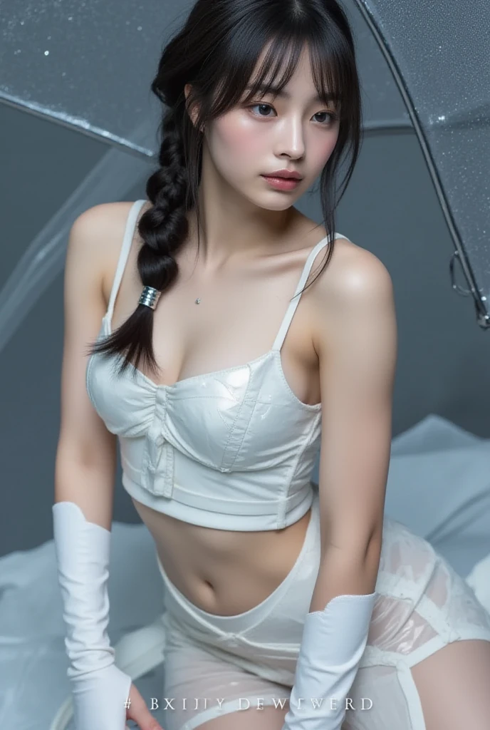 There is an unnatural space between the garment with the chest pad and the male chest. Beautiful boy dressed as a woman