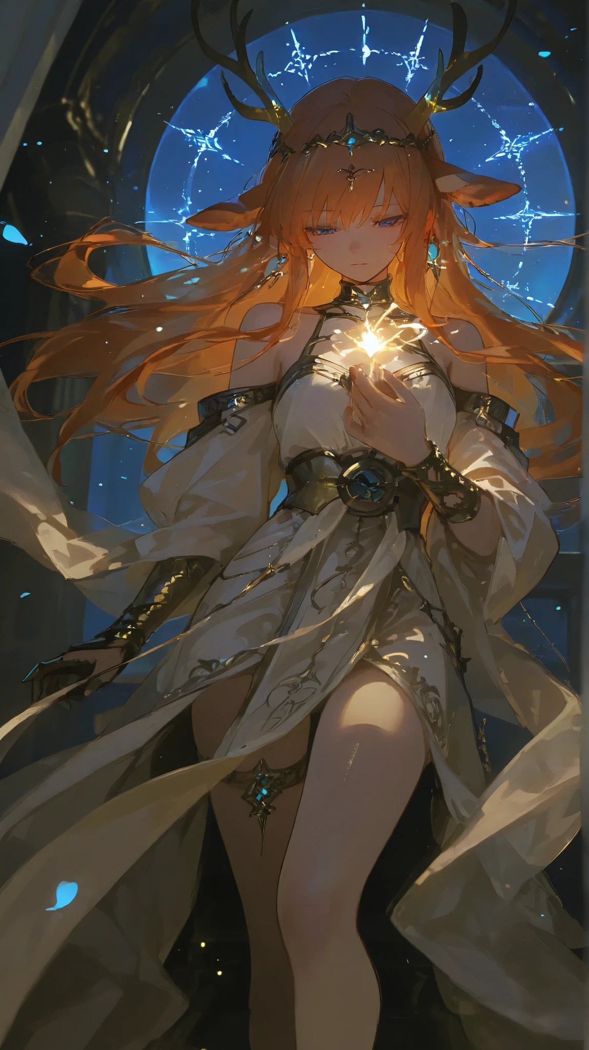 A stunning anime-style fantasy girl with long, flowing fiery orange hair that glows softly in the light, and mesmerizing sapphire-blue eyes that shimmer with a mystical aura. She has an elegant, regal presence, dressed in an intricately embroidered gown with silver and gold accents, encrusted with luminescent gemstones. The fabric appears weightless, flowing like liquid silk, infused with magic that makes it subtly glow. She wears delicate silver accessories, including a celestial tiara and arcane runes etched into her gauntlets.
Her expression is serene yet powerful, exuding wisdom and a quiet intensity. A soft breeze lifts strands of her hair, adding motion to the image.
Fantasy Background (Highly Detailed & Immersive)
The scene is set in a celestial floating kingdom—a city built on ancient levitating islands, interconnected by glowing bridges made of pure energy. Towering crystalline spires pierce the sky, radiating with arcane power. Mystical creatures such as ethereal phoenixes and translucent winged deer drift in the distance, their forms flickering like constellations.
The sky is a breathtaking twilight gradient, blending deep purples, blues, and pinks, illuminated by floating lanterns and celestial rings that orbit the kingdom. Shooting stars streak across the heavens, leaving trails of golden dust. Below, waterfalls of shimmering stardust cascade into an endless abyss, reflecting light like a cosmic ocean.
Lighting & Mood
The scene is bathed in a soft, ethereal glow, mixing warm golden light from distant celestial bodies with cool, ambient blue light reflecting off the crystalline structures. Subtle lens flares from magical energy sources add realism, and tiny glowing particles drift through the air, enhancing the fantasy atmosphere.
Camera & Composition
Camera Angle: A slightly low-angle mid-shot, making her appear elegant and otherworldly.
Depth & Framing: The foreground features softly blurred glowing petals or floating embers, adding depth.