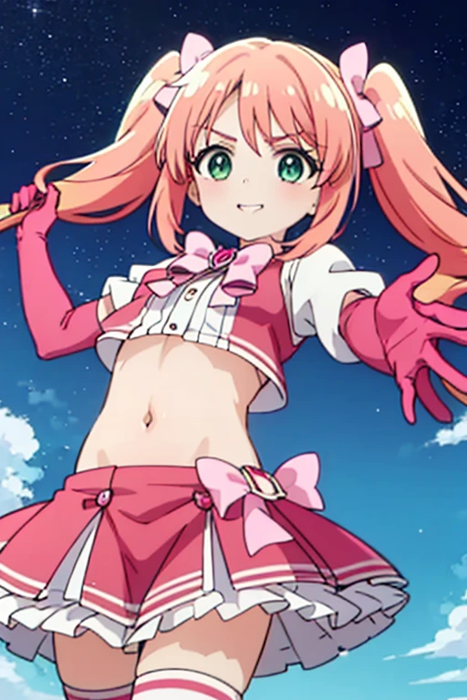 (perfect body),highest quality,16k,(nsfw)、anime screen capture、((blush)),(short hair), (((orange eyes))),thick tight,((((pink hair)))),Are standing,Sweat,I was surprised,((())),(((View from the front)))),cowboy_shot,((((wavy hair)))),Ahoge,Barrette,(((yellow sleeveless shirt))),(((Pink ruffled mini skirt))),(((light blue striped panties))),(white knee socks),(white gloves),((Panty shot)),A skirt that blows up in the wind、big ass,flat chest、blush、standing,looking at the viewer,((( he is short))),((smile)),(((headset on head))),(left arm raised),(surprise),(from below)、((dynamic pose)),((Idol)),((1 girl)),(((pink bow tie)))