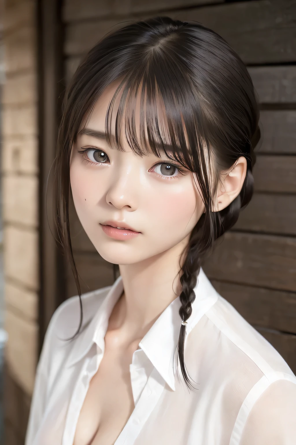 (8k,  RAW photo,  photorealistic:1.25), (short two braids hair, wet hair:1.5), (lip gloss,  eyelashes, Shiny surface, Glossy Skin,  best quality, ultra highres,  allows depth of field, Color Difference ,  caustics,  blow lighting , Natural Shading,  kpop idol), (cleavage, naked white shirt, nude, short sleeve shirt, Unbuttoned shirt:1.7), With an expression of calm and bliss like a goddess, crying, tears, tearing, sadness, dark dungeon
