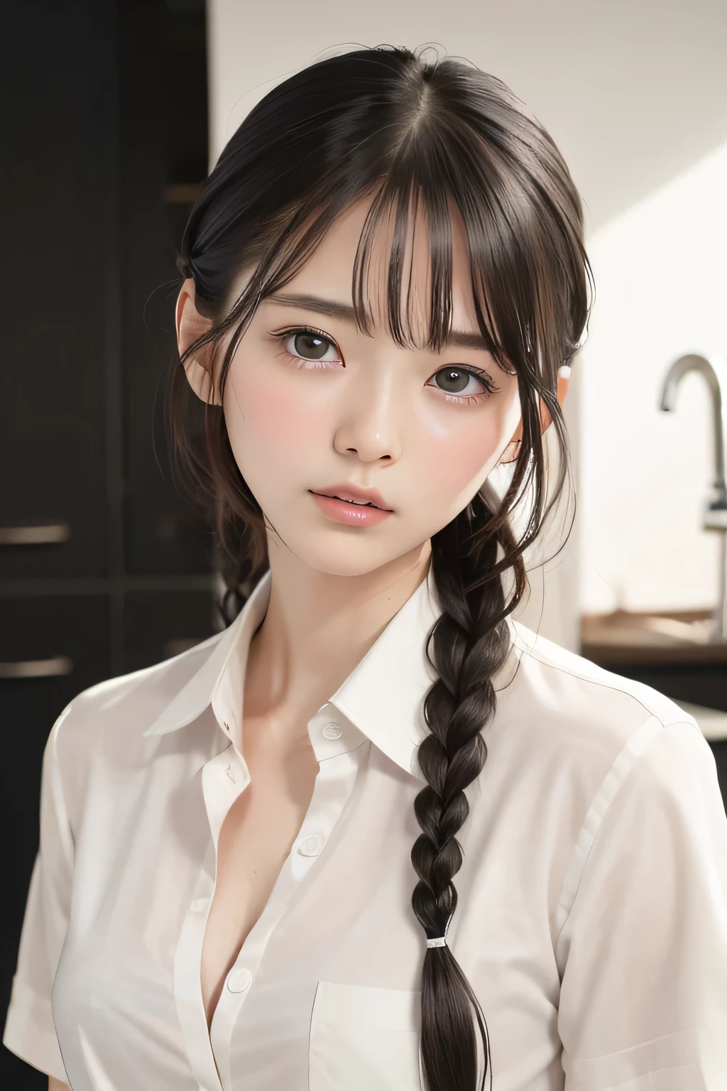 (8k, RAW photo, photorealistic:1.25), (short two braids hair, wet hair:1.5), (cleavage, naked shirt, nude, white short sleeve shirt, Unbuttoned shirt:1.7), (lip gloss, eyelashes, Shiny surface, Glossy Skin, best quality, ultra highres, allows depth of field, Color Difference , caustics, blow lighting , Natural Shading, kpop idol), With an expression of calm and bliss like a goddess, crying, tears, tearing, sadness, (dark background, living, kitchen:1.4)