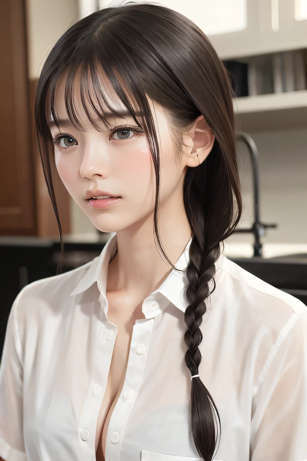(8k,  RAW photo,  photorealistic:1.25), (short two braids hair, wet hair:1.5), (cleavage,  shirt, , white short sleeve shirt, Unbuttoned shirt:1.7), (lip gloss,  eyelashes, Shiny surface, Glossy Skin,  best quality, ultra highres,  allows depth of field, Color Difference ,  caustics,  blow lighting , Natural Shading,  kpop idol), With an expression of calm and bliss like a goddess, crying, tears, tearing, sadness, (dark background, living, kitchen:1.4)