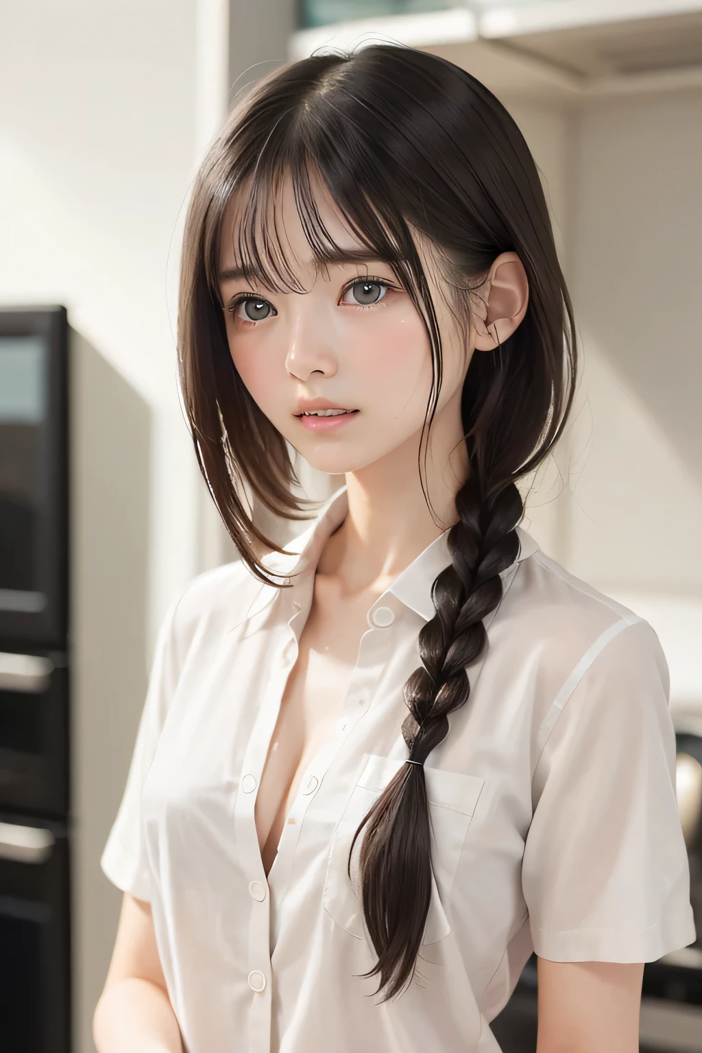 (8k,  RAW photo,  photorealistic:1.25), (short two braids hair, wet hair:1.5), (cleavage, naked shirt, nude, white short sleeve shirt, Unbuttoned shirt:1.7), (lip gloss,  eyelashes, Shiny surface, Glossy Skin,  best quality, ultra highres,  allows depth of field, Color Difference ,  caustics,  blow lighting , Natural Shading,  kpop idol), With an expression of calm and bliss like a goddess, crying, tears, tearing, sadness, (dark background, living, kitchen:1.4)