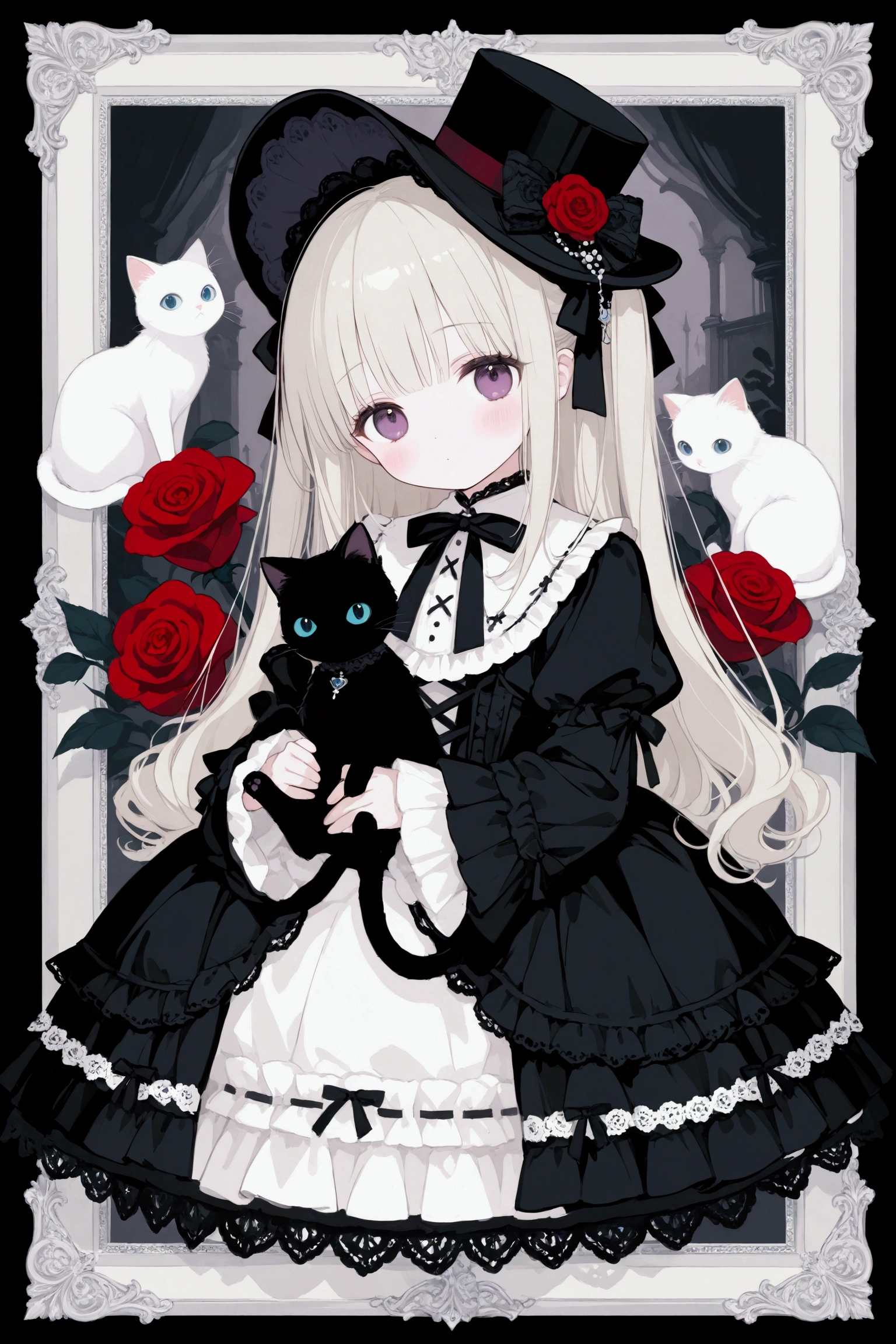 dark gothic,pastel,gothic ta fashion, twin cute girls, one in white dress, one in black dress, intricate lace and frills, victorian-inspired attire, holding large roses, cute gothic dolls, black cat with top hat, white cat with hat, pastel color scheme, elegant and detailed outfits, soft expressions, contrasting dark and light themes, vintage frame, whimsical atmosphere, fantasy style, kawaii aesthetic, delicate accessories, magical vibe