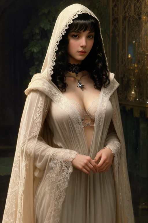 AN ULTRA REALISTIC IMAGE OF OUR LADY OF Sorrows, your cloak and veil is blue, your robe is light wine color, SHE HAS A pierced SWORD AT CHEST HEIGHT, SHE IS CRYING looking up, halfbody, your arms are drooping