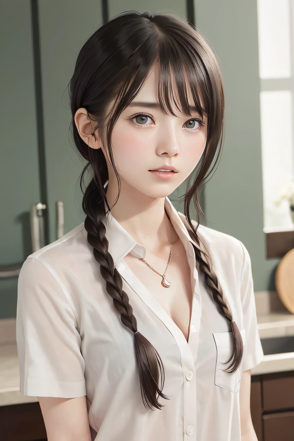 (8k, RAW photo, photorealistic:1.25), (short two braids hair, wet hair:1.5), (cleavage, naked shirt, nude, white short sleeve shirt, Unbuttoned shirt:1.7), (lip gloss, eyelashes, Shiny surface, Glossy Skin, best quality, ultra highres, allows depth of field, Color Difference , caustics, blow lighting , Natural Shading, kpop idol), With an expression of calm and bliss like a goddess, crying, tears, tearing, sadness, (dark background, living, kitchen:1.4)