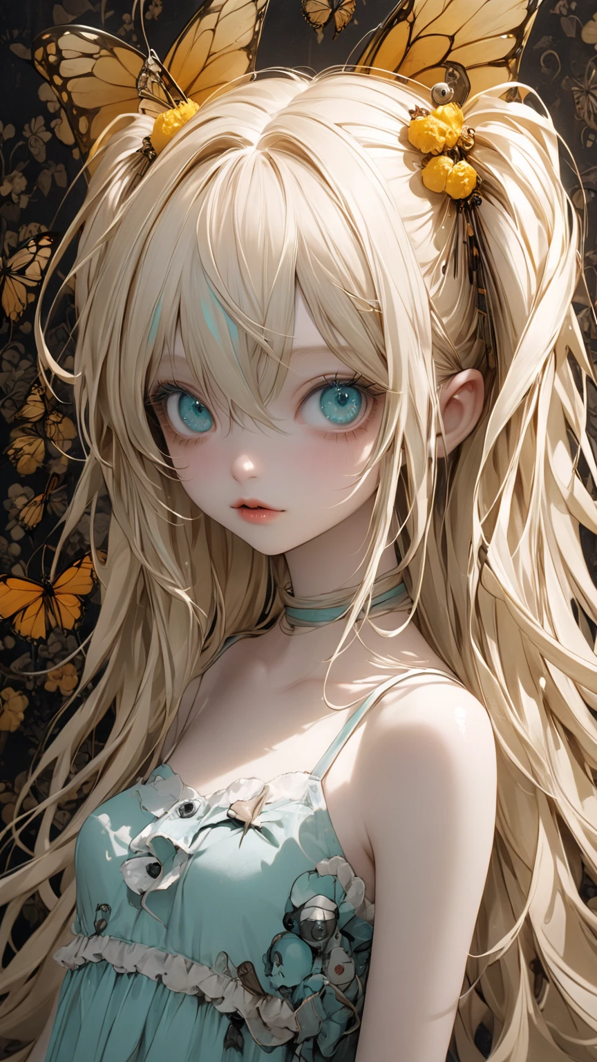 Tim Burton style、albino, extremely realistic 、 Hatsune Miku、Honey colored 、wallpaper、