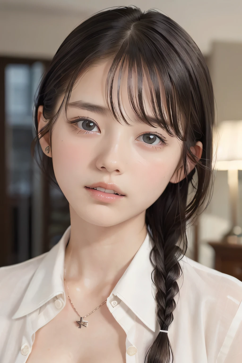 (8k, RAW photo, photorealistic:1.25), (sweaty, Soaking wet hair, wet short two braids hair, wet hair:1.5), (lip gloss, eyelashes, Shiny surface, Glossy Skin, best quality, ultra highres, allows depth of field, Color Difference , caustics, blow lighting , Natural Shading, kpop idol), (cleavage, naked white shirt, nude, short sleeve shirt, Unbuttoned shirt:1.7), crying, tears, tearing, sadness, (indoor, dark bedroom, night view:1.4)