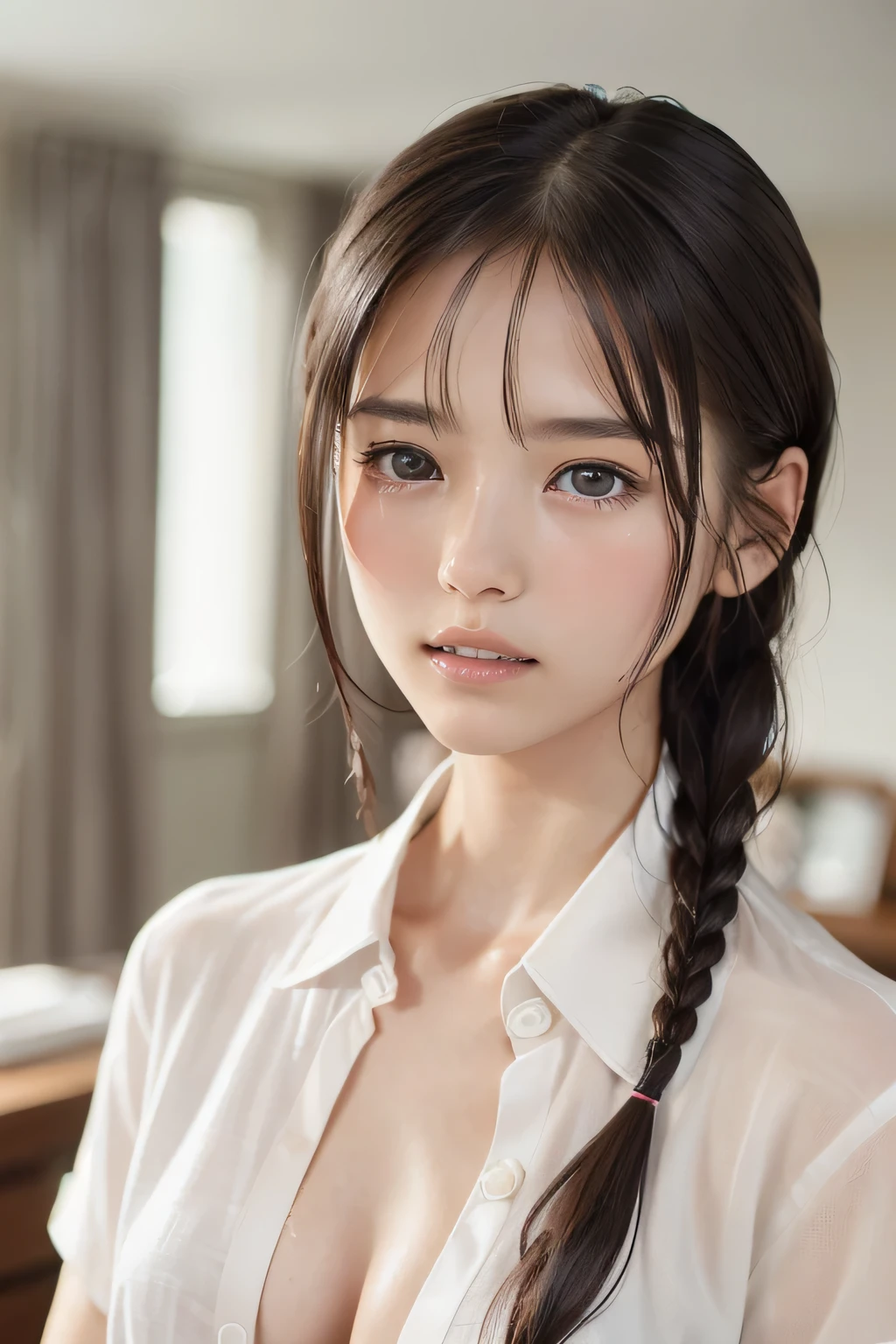 (8k, RAW photo, photorealistic:1.25), (Soaking wet hair, wet short two braids hair, Soaking sweaty hair:1.5), (lip gloss, eyelashes, Shiny surface, Glossy Skin, best quality, ultra highres, allows depth of field, Color Difference , caustics, blow lighting , Natural Shading, kpop idol), (cleavage, naked white shirt, nude, short sleeve shirt, Unbuttoned shirt:1.7), crying, tears, tearing, sadness, (indoor, dark bedroom, night view:1.4)