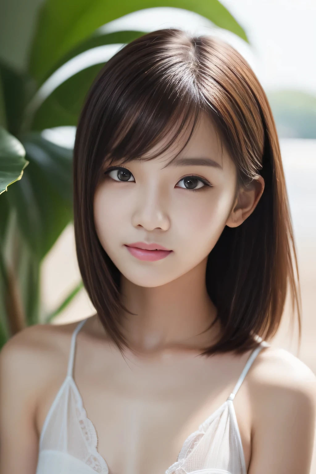 A beautiful Chinese girl who is gentle and cute., Delicate sexy collarbone, The goose egg face is charming., Double eyelids, The wise eyes of a peach blossom, pink lips, small upturned nose, bare shoulders, focused face, face close up, Ultra HD, Super details, full body photo, Ultra-thin transparency, Pink hair, the most suitable proportions Four fingers and one thumb, cat ears