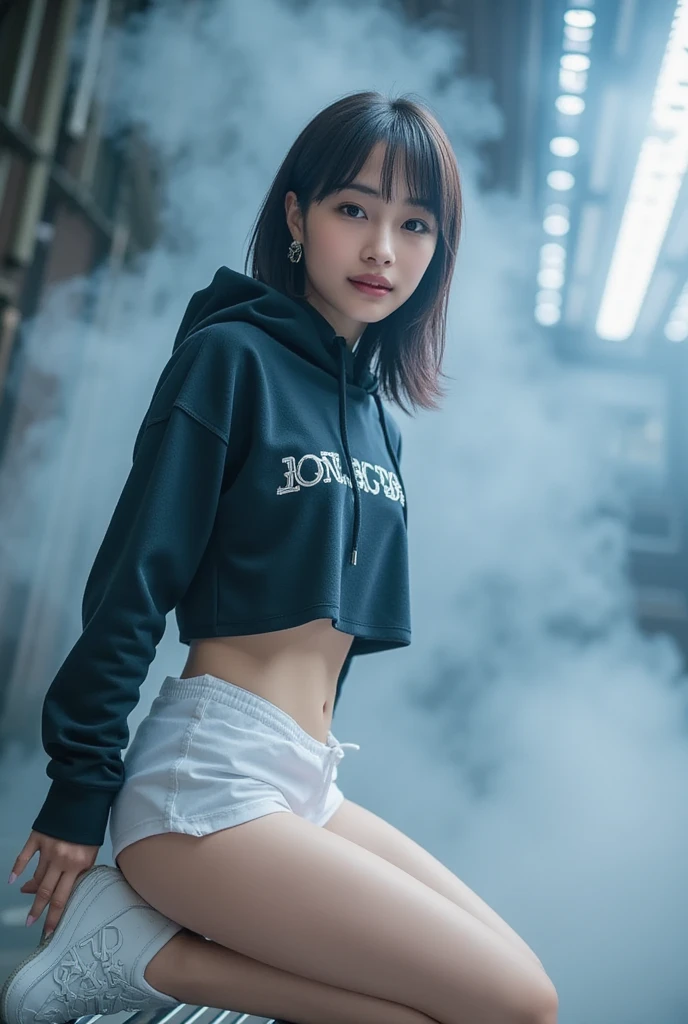 ((Highest quality, 8K, masterpiece :1.3)), whole body, Sharp focus :1.2, Beautiful woman with perfect figure :1.4, Slim Abs :1.2, ((Black Hair, Big Breasts :1.2)), Body Dress :1.1 Highly detailed face and skin texture, Fine grain, double eyelid, Small Bust, Large hoodie,Shorts,sneakers, , Outdoor Scene, Kabukicho,City of night,Crouching,The face is looking forward