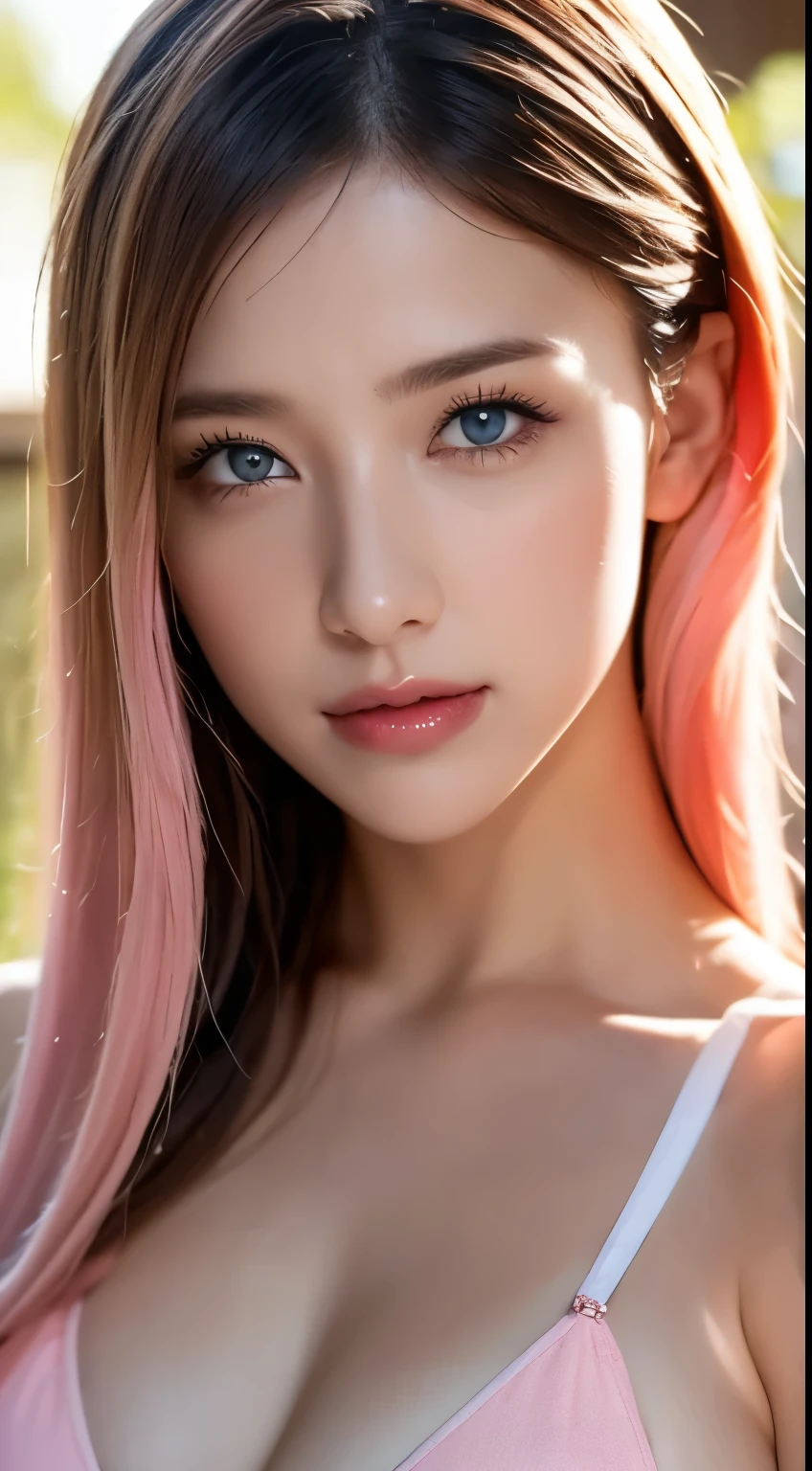  portrait , Practical,  blue eyes, pink platinum hair,  big breasts, 4K resolution ,  High Quality CG, Beautiful CG,  Soft Light , micro bikini